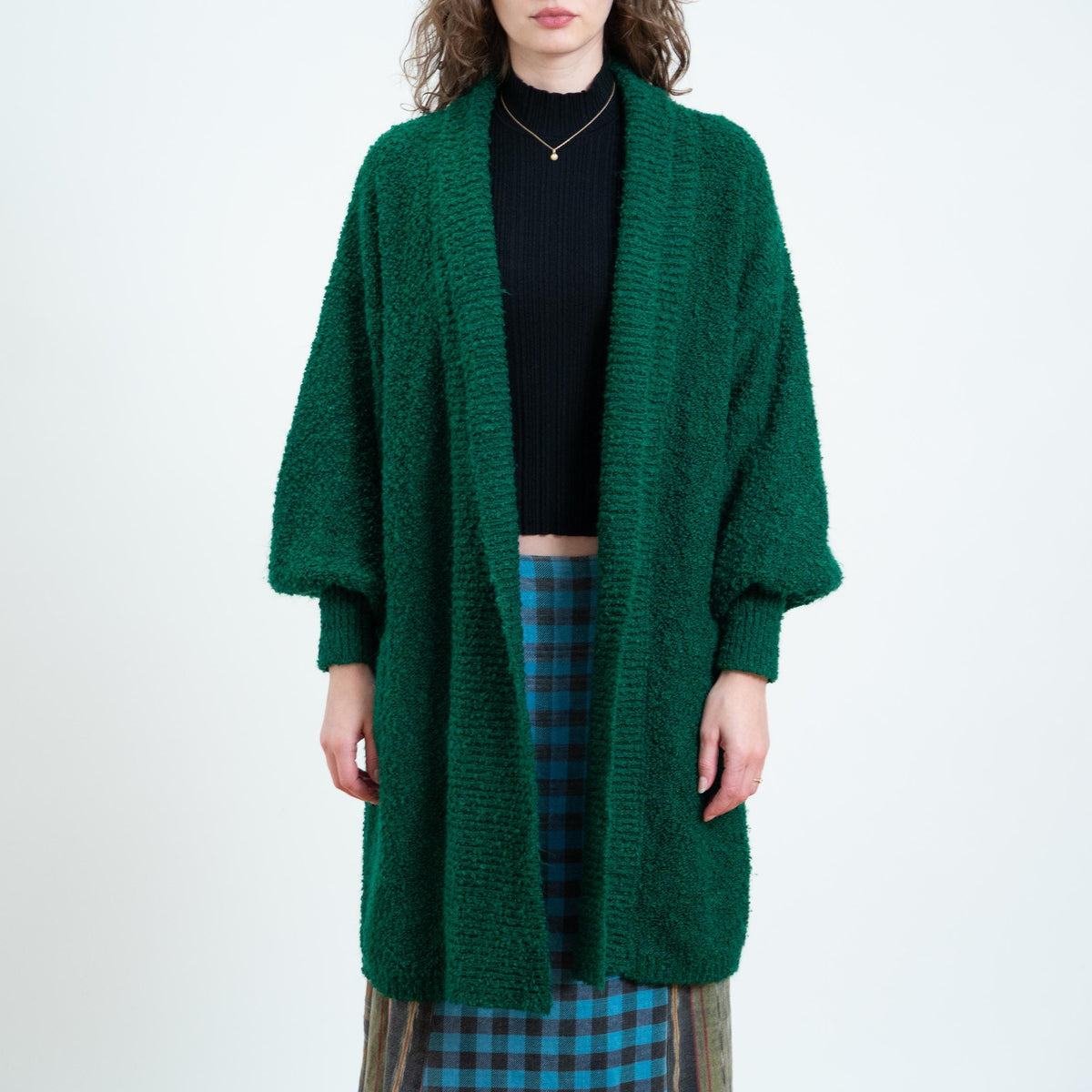 Vintage 80s Emerald Green Boucle Knit Cardigan - Medium | Open Front Boho Chunky Knit Longline Sweater Cover Up