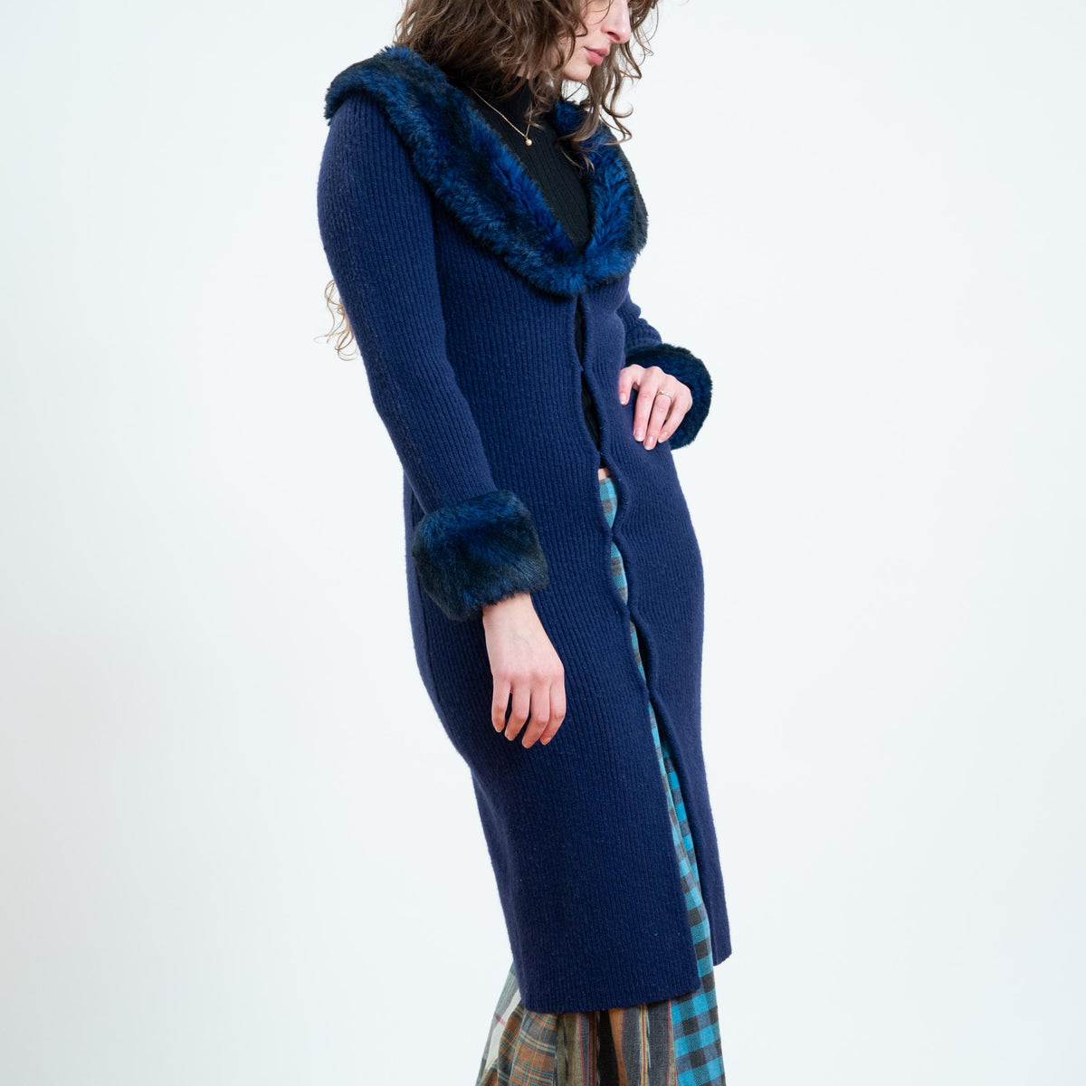 Vintage 90s Midnight Blue Plush Collar Duster Cardigan - XS to Small | Boho Whimsigoth Longline Sweater Cover Up