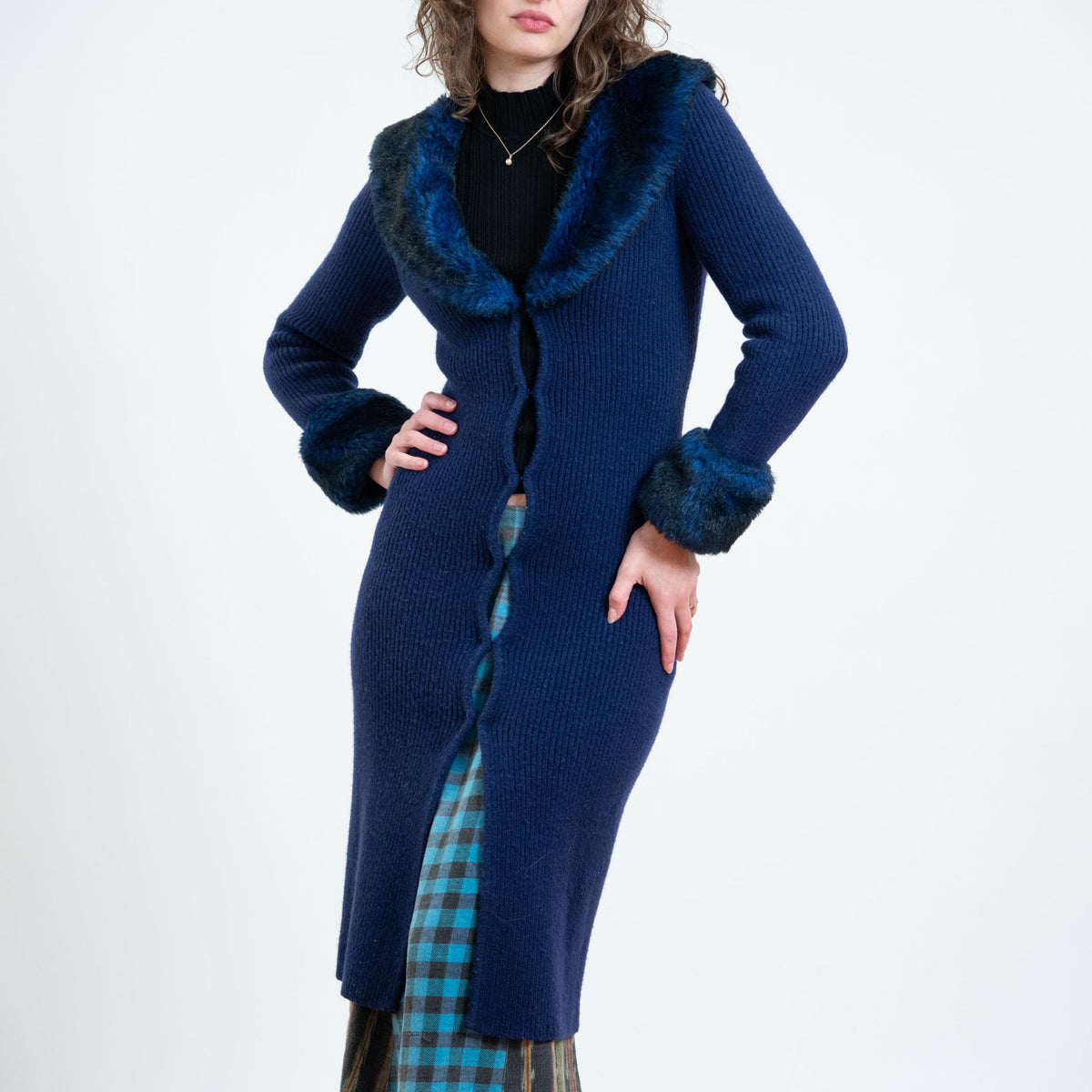 Vintage 90s Midnight Blue Plush Collar Duster Cardigan - XS to Small | Boho Whimsigoth Longline Sweater Cover Up