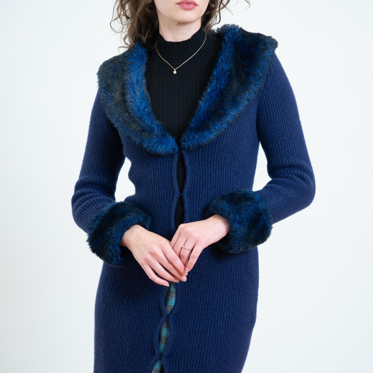 Vintage 90s Midnight Blue Plush Collar Duster Cardigan - XS to Small | Boho Whimsigoth Longline Sweater Cover Up