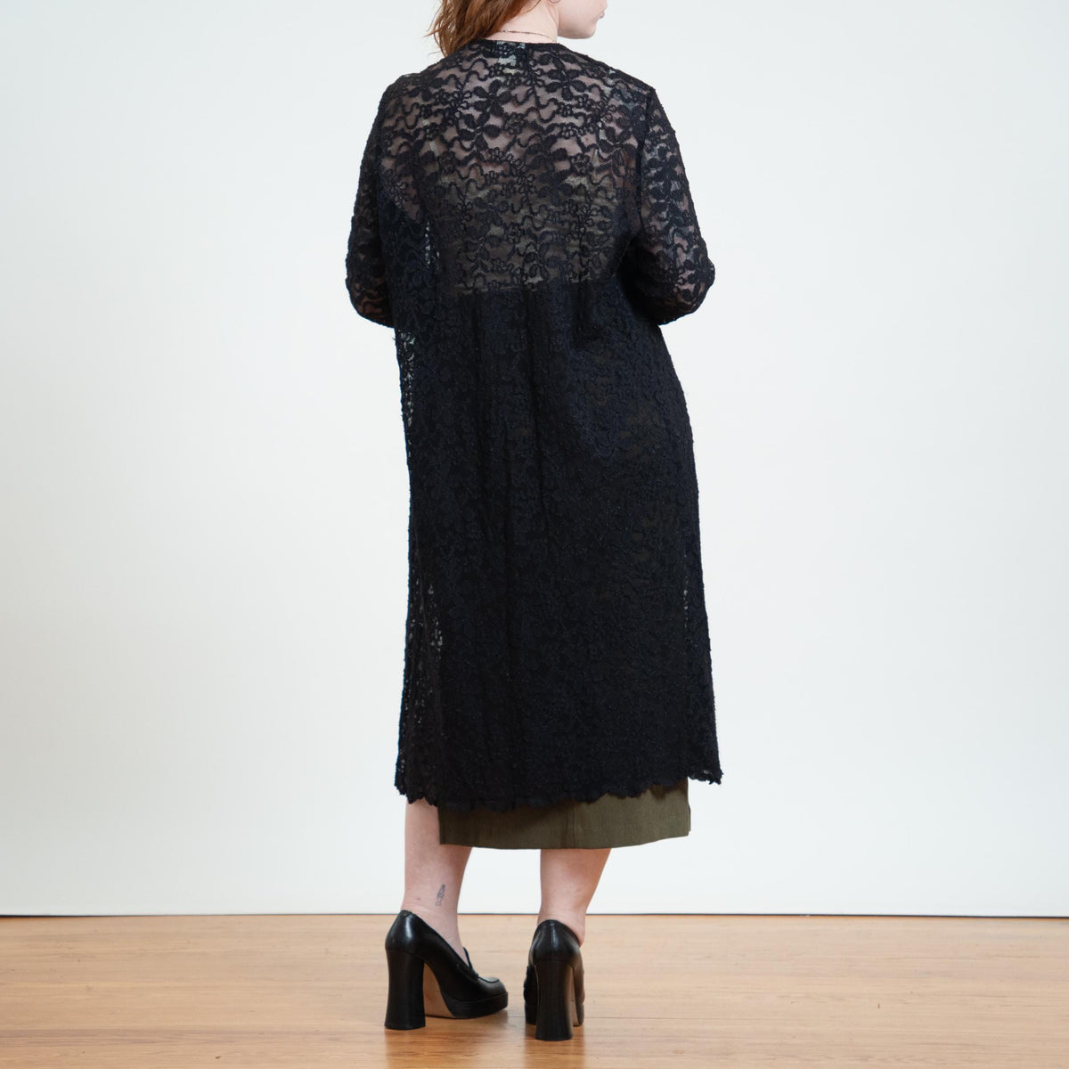 Vintage 90s Black Lace Duster Cover Up - Large to XL | Sheer Long Sleeve Open Fit Midi Top
