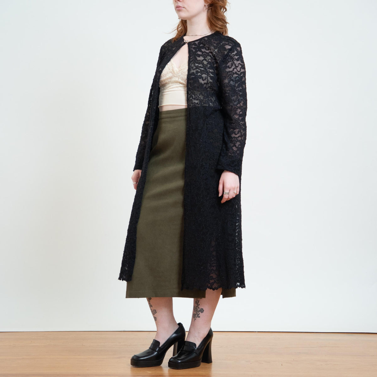 Vintage 90s Black Lace Duster Cover Up - Large to XL | Sheer Long Sleeve Open Fit Midi Top