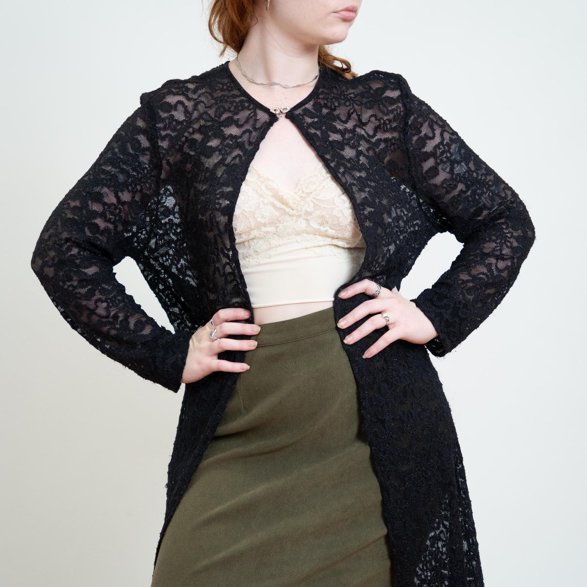 Vintage 90s Black Lace Duster Cover Up - Large to XL | Sheer Long Sleeve Open Fit Midi Top