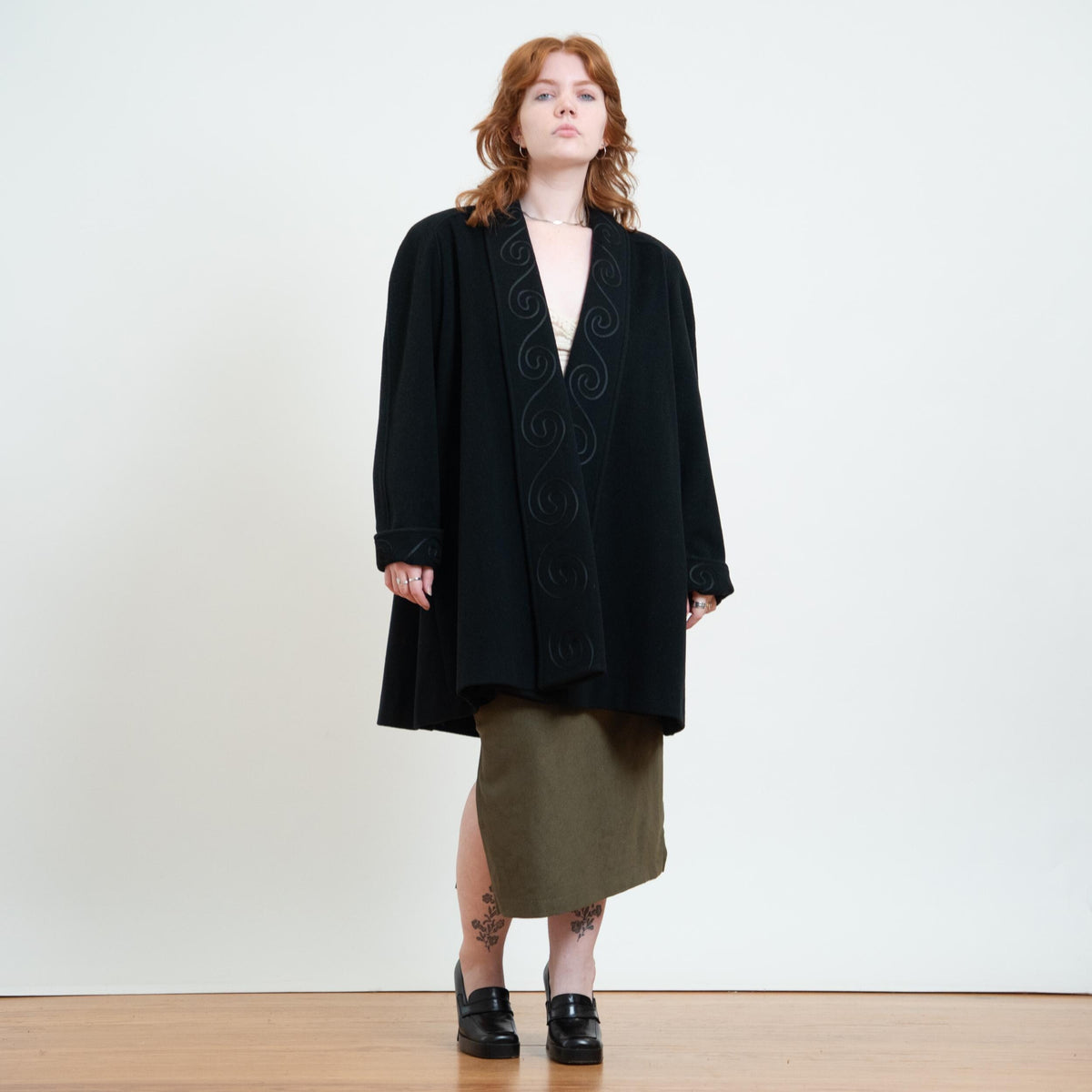 Vintage 80s Black Wool Soutache Swirl Trim Coat - Extra Large | Open Fit Mid Length Swing Overcoat