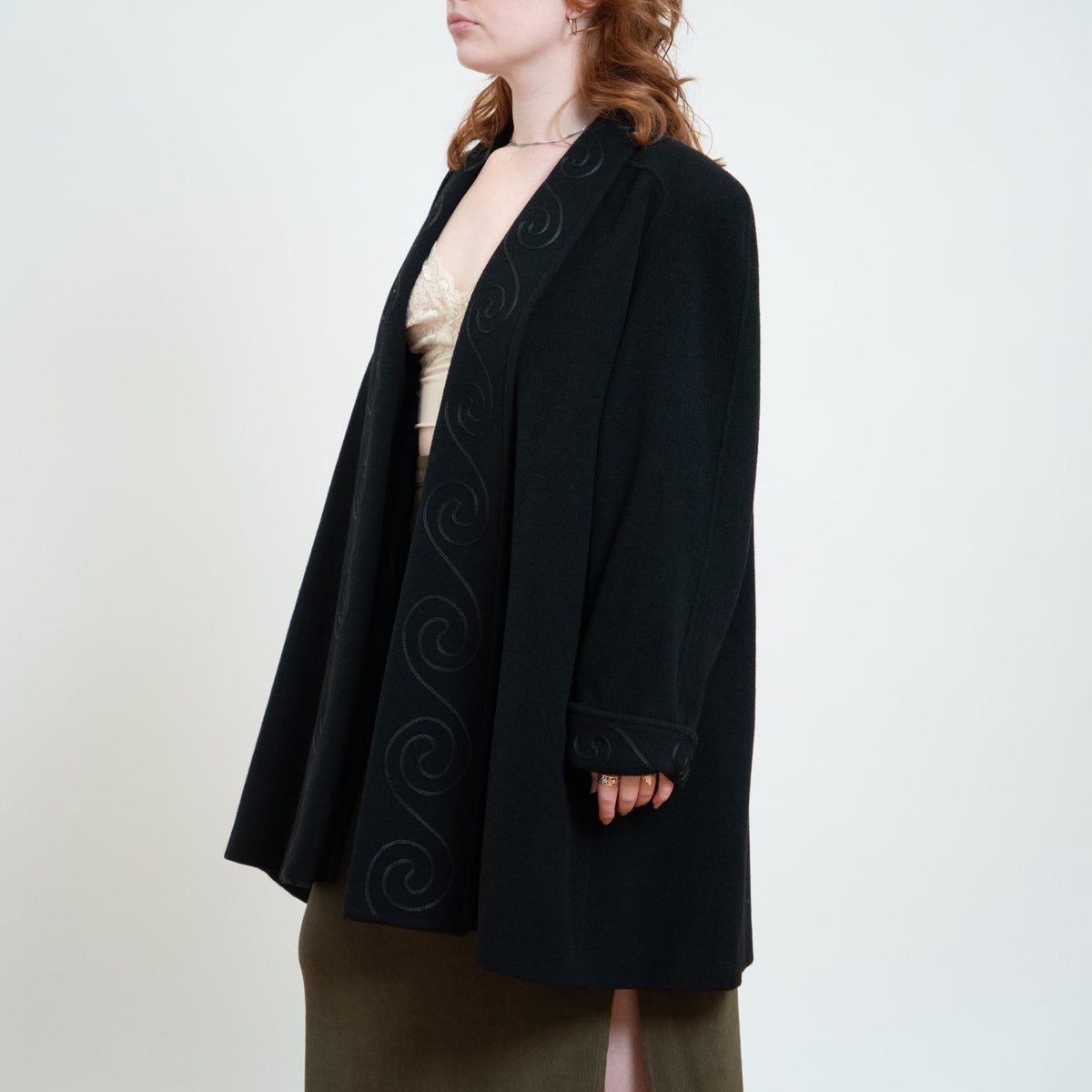 Vintage 80s Black Wool Soutache Swirl Trim Coat - Extra Large | Open Fit Mid Length Swing Overcoat