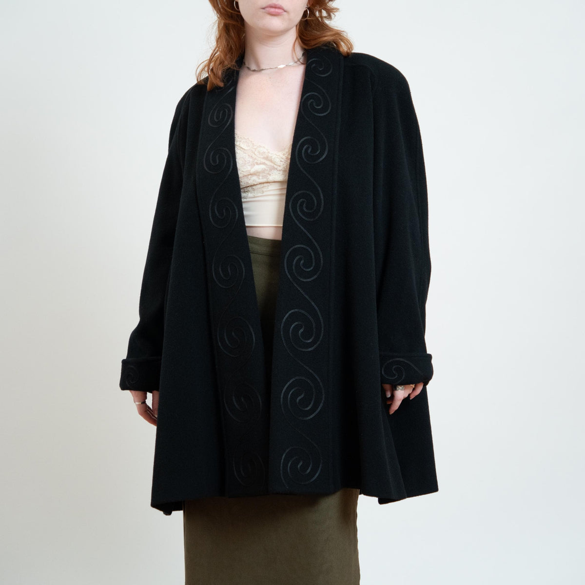 Vintage 80s Black Wool Soutache Swirl Trim Coat - Extra Large | Open Fit Mid Length Swing Overcoat