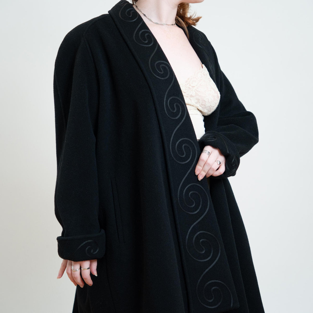 Vintage 80s Black Wool Soutache Swirl Trim Coat - Extra Large | Open Fit Mid Length Swing Overcoat