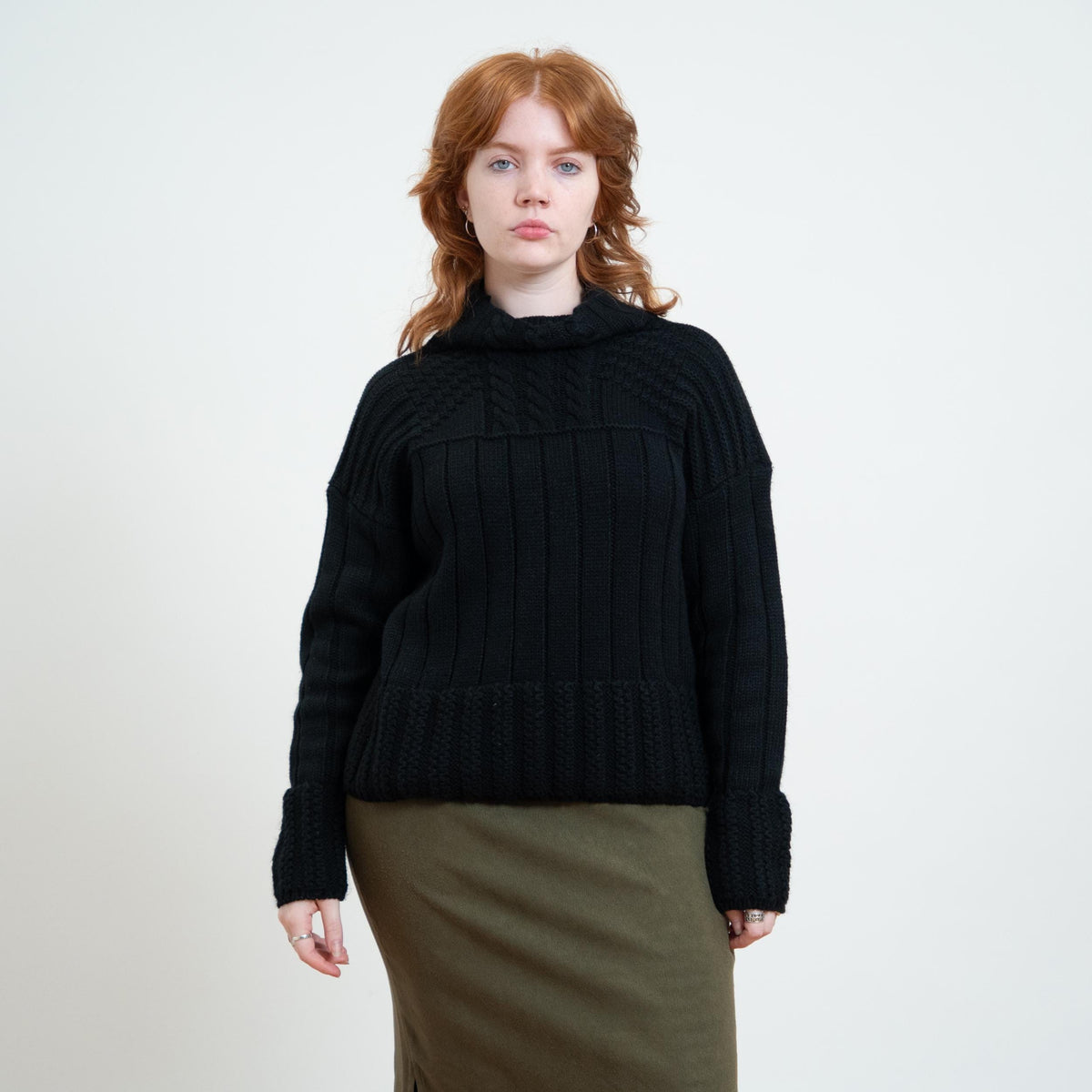 Vintage 80s Black Cable Knit Funnel Neck Sweater - Large | Slouchy Chunky Knit Pullover