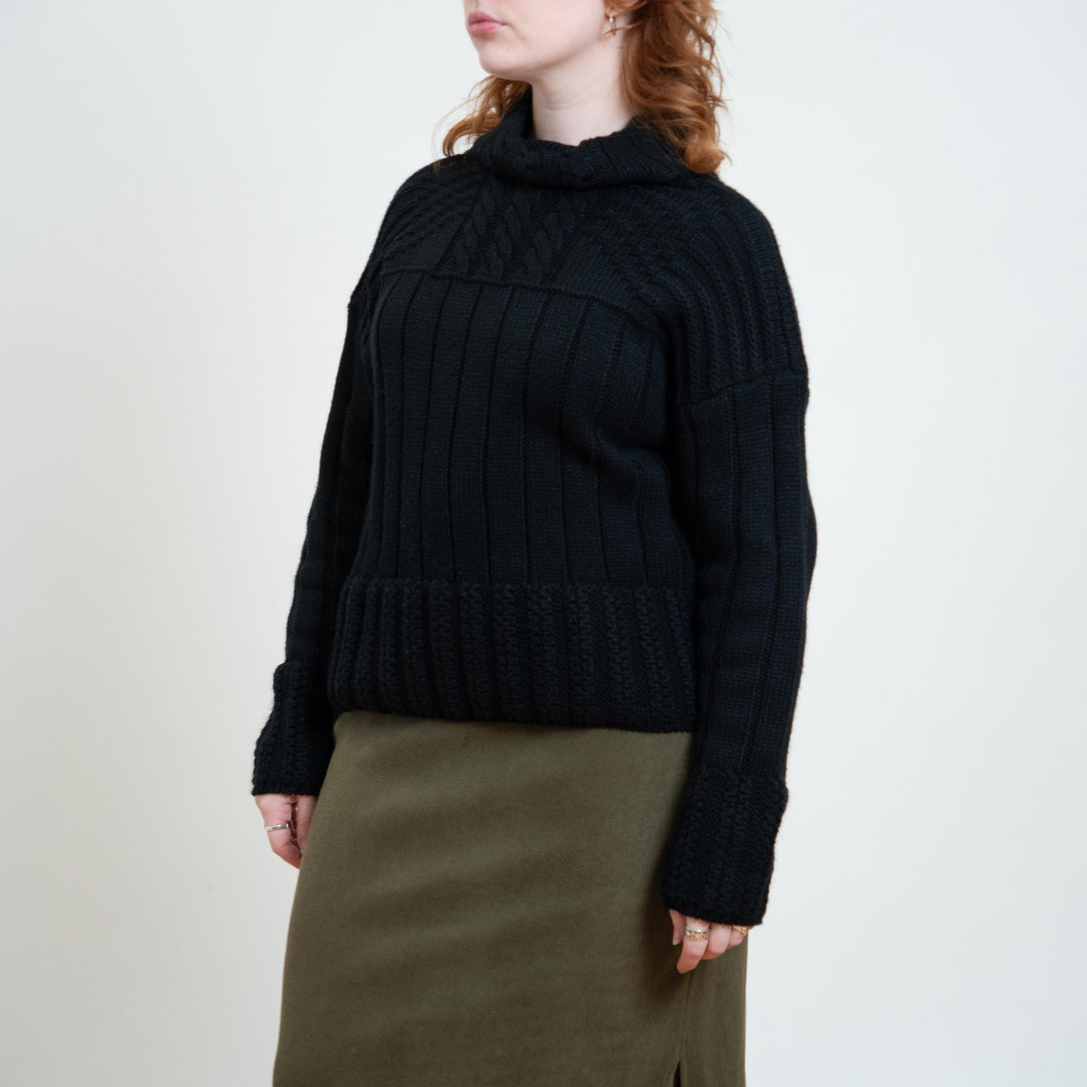 Vintage 80s Black Cable Knit Funnel Neck Sweater - Large | Slouchy Chunky Knit Pullover