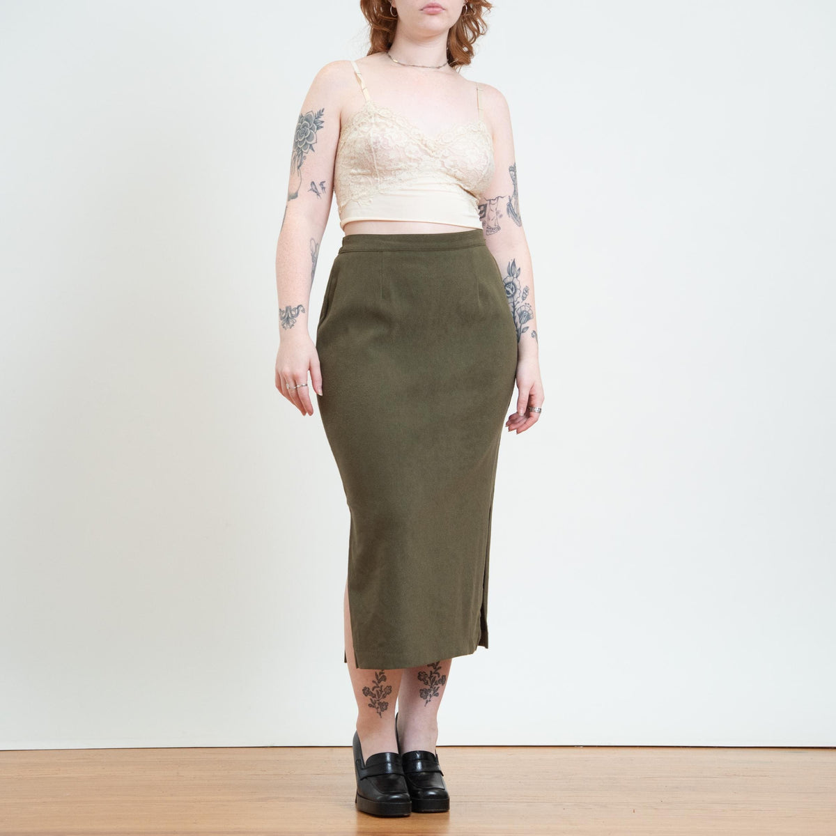 Vintage 90s Olive Green Side Slit Midi Skirt - Medium to Large | Minimalist High Waisted Straight Skirt