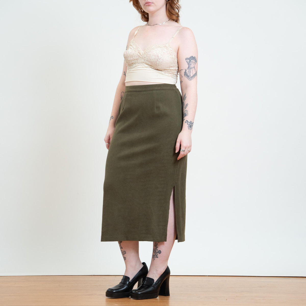 Vintage 90s Olive Green Side Slit Midi Skirt - Medium to Large | Minimalist High Waisted Straight Skirt
