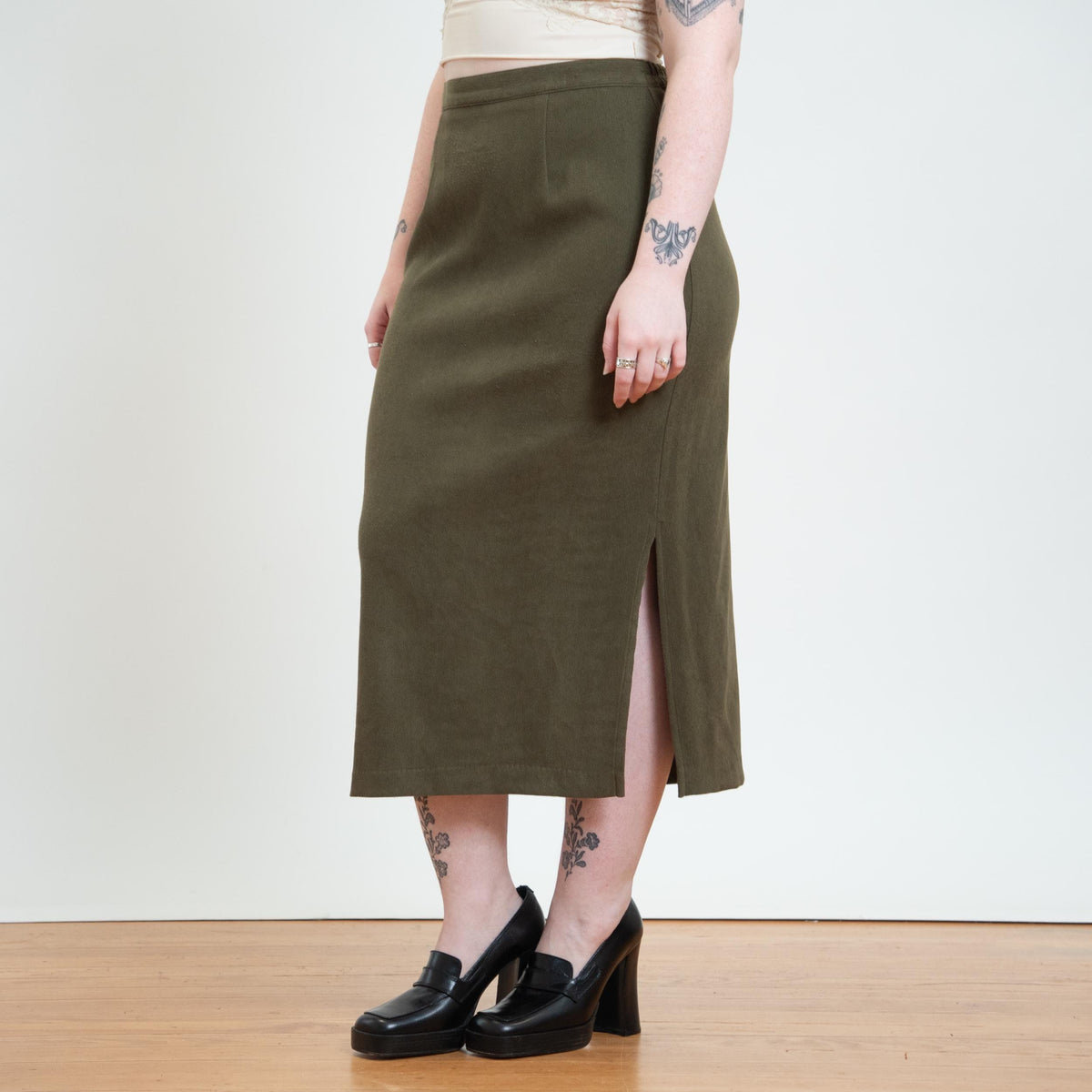 Vintage 90s Olive Green Side Slit Midi Skirt - Medium to Large | Minimalist High Waisted Straight Skirt