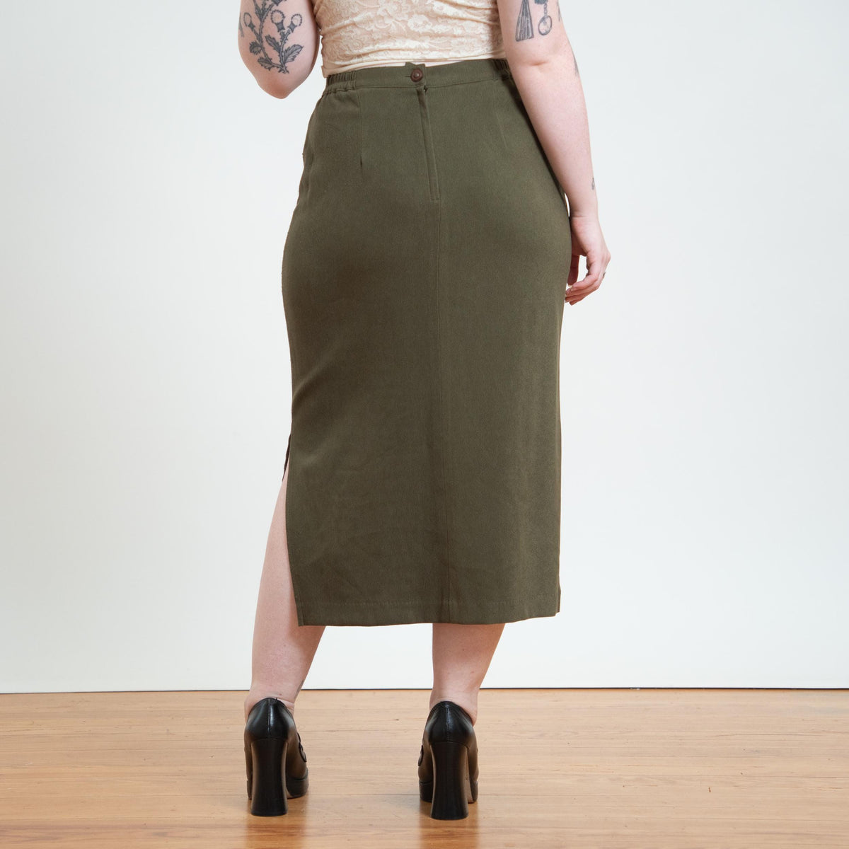 Vintage 90s Olive Green Side Slit Midi Skirt - Medium to Large | Minimalist High Waisted Straight Skirt