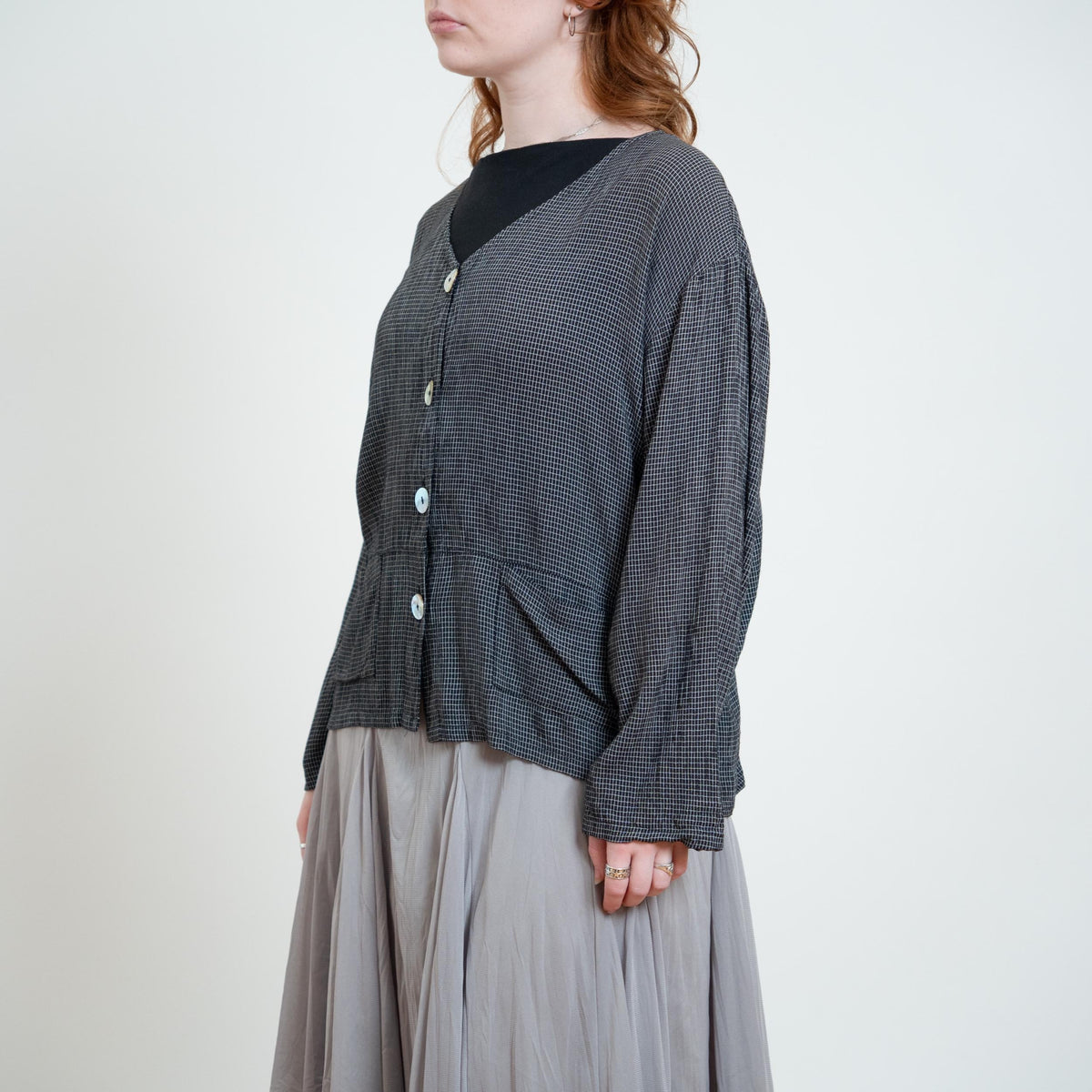 Vintage 90s Black & White Checkered Abalone Button Shirt - Large to XL | Grunge Oversize Button Up Long Sleeve Top