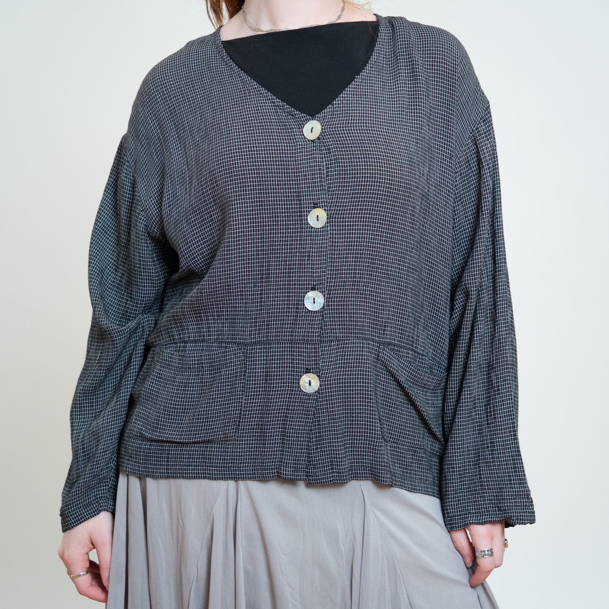 Vintage 90s Black & White Checkered Abalone Button Shirt - Large to XL | Grunge Oversize Button Up Long Sleeve Top
