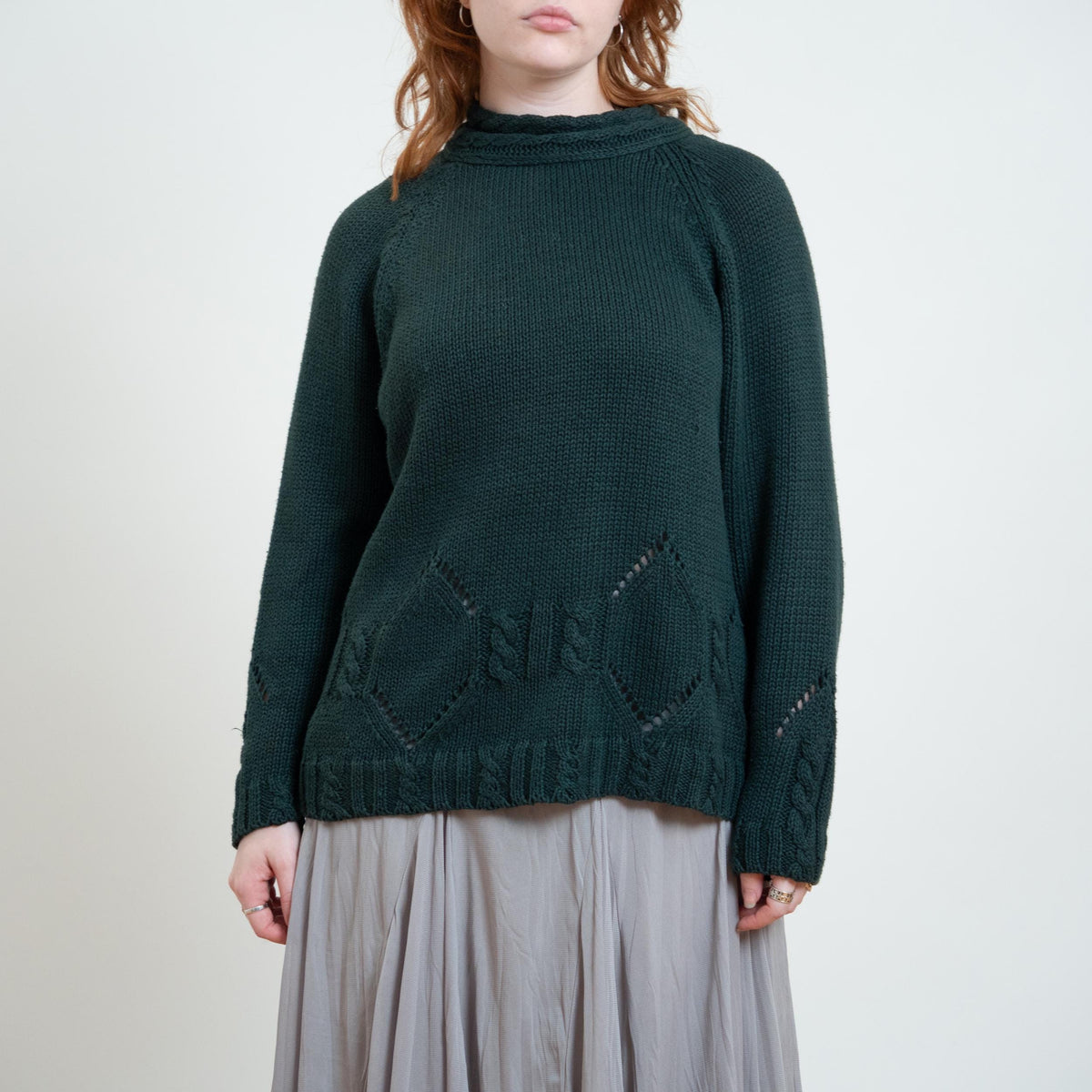 Vintage 90s Forest Green Funnel Neck Pointelle Knit Sweater - Medium | Chunky Cable Knit Longline Pullover