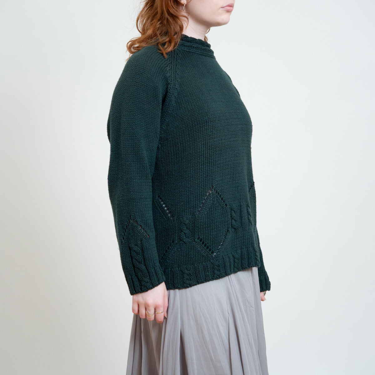 Vintage 90s Forest Green Funnel Neck Pointelle Knit Sweater - Medium | Chunky Cable Knit Longline Pullover