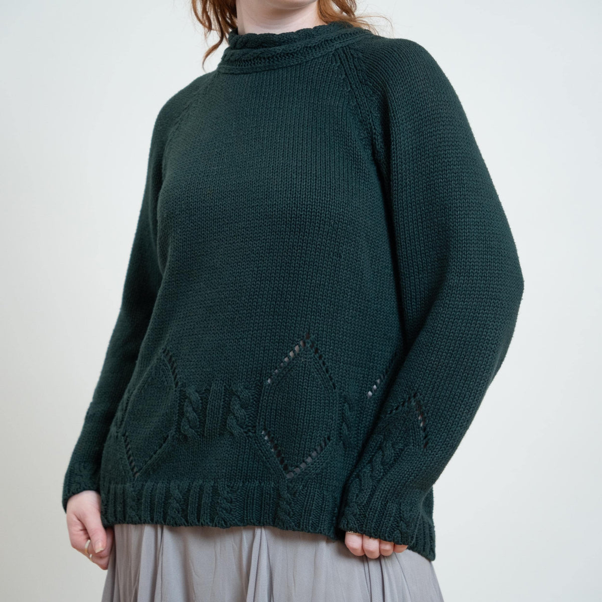Vintage 90s Forest Green Funnel Neck Pointelle Knit Sweater - Medium | Chunky Cable Knit Longline Pullover