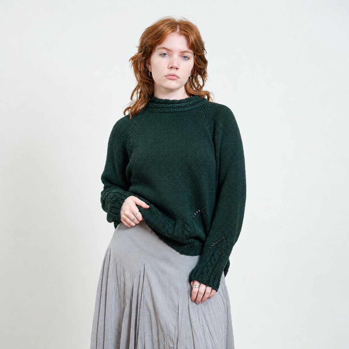 Vintage 90s Forest Green Funnel Neck Pointelle Knit Sweater - Medium | Chunky Cable Knit Longline Pullover