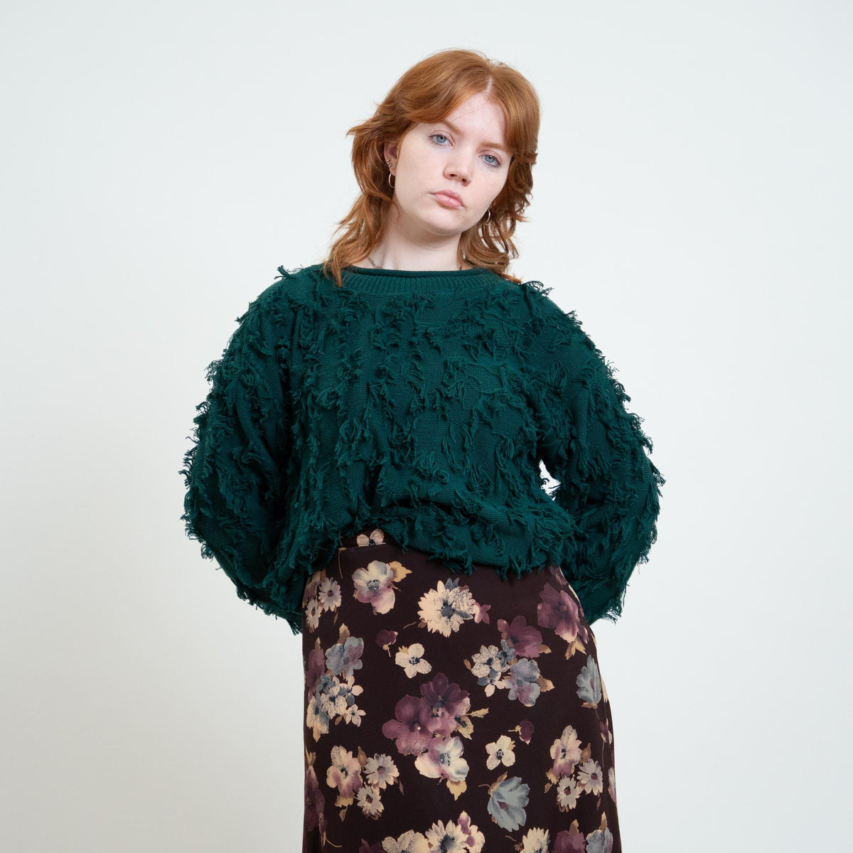 Vintage 90s Forest Green Shaggy Eyelash Knit Sweater - Large | Cotton Jewel Tone Pullover