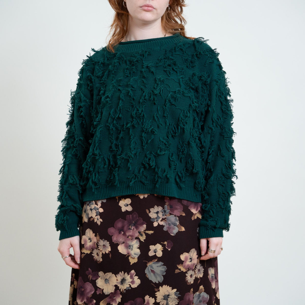 Vintage 90s Forest Green Shaggy Eyelash Knit Sweater - Large | Cotton Jewel Tone Pullover