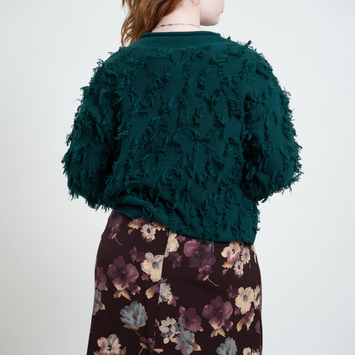 Vintage 90s Forest Green Shaggy Eyelash Knit Sweater - Large | Cotton Jewel Tone Pullover