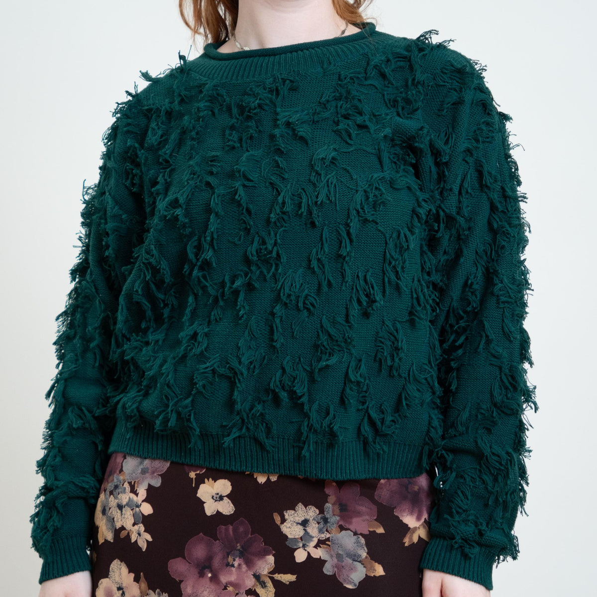 Vintage 90s Forest Green Shaggy Eyelash Knit Sweater - Large | Cotton Jewel Tone Pullover