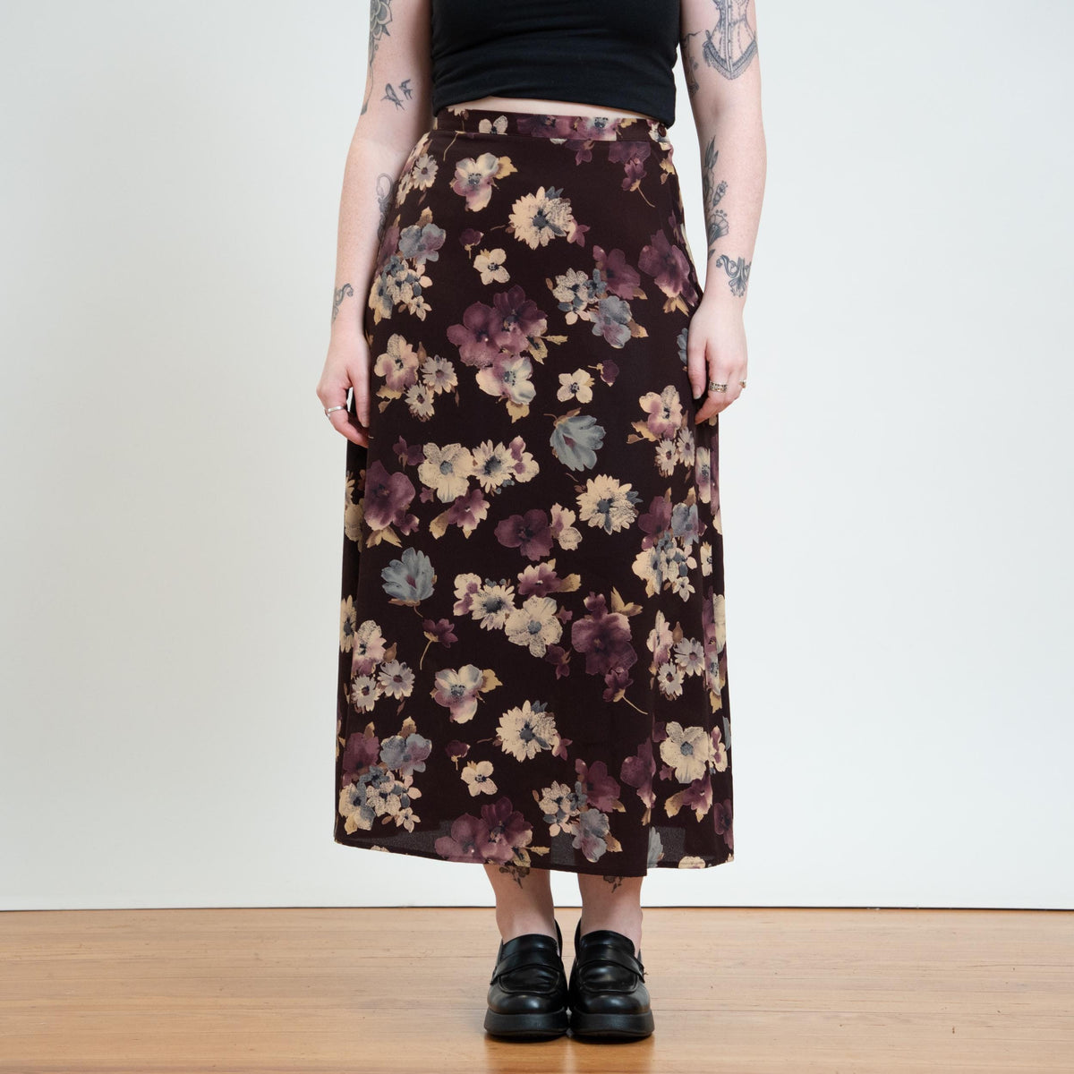 Vintage 90s Plum Floral Maxi Skirt - Medium | Boho Floral High Waisted A Line Skirt