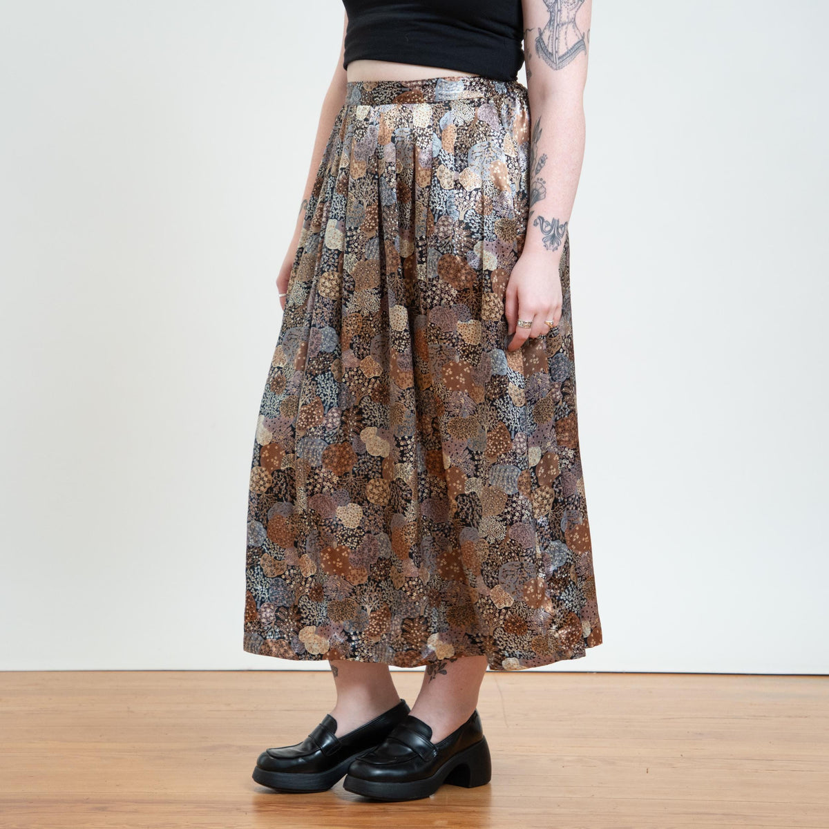 Vintage 80s Tree Print Satin Midi Skirt - Medium | Boho Floral High Waisted Pleated Skirt