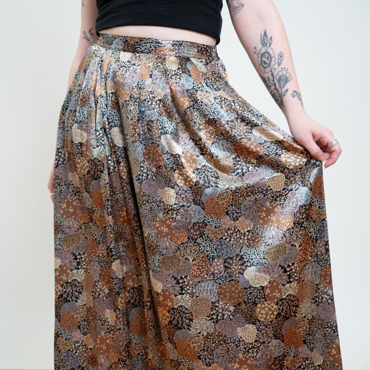 Vintage 80s Tree Print Satin Midi Skirt - Medium | Boho Floral High Waisted Pleated Skirt