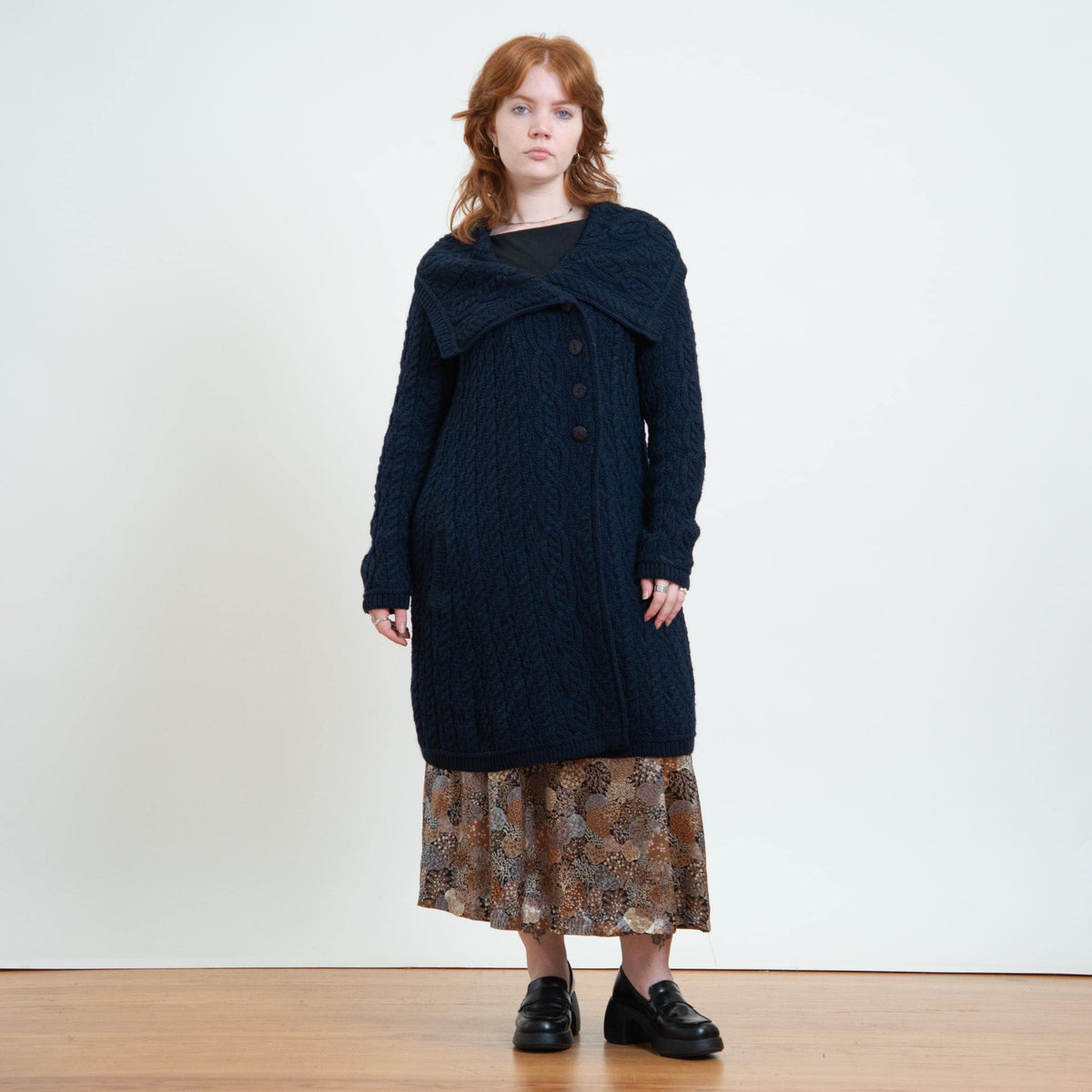 Vintage 90s Aran Crafts Midnight Blue Irish Cable Knit Long Cardigan - Large | Merino Wool Collared Sweater Coat