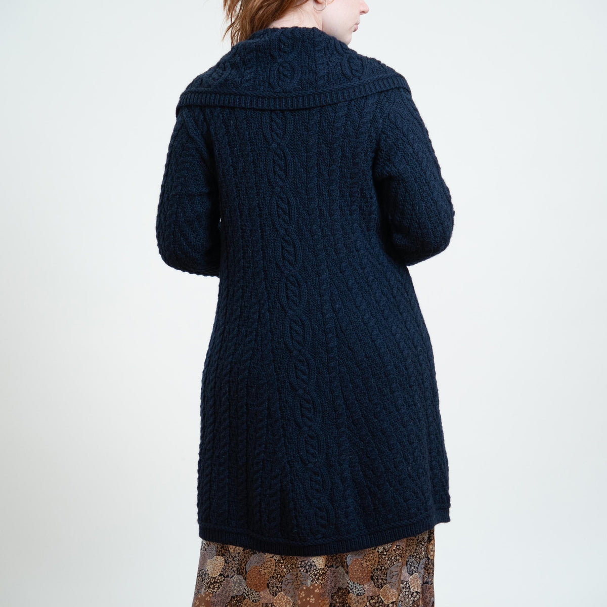 Vintage 90s Aran Crafts Midnight Blue Irish Cable Knit Long Cardigan - Large | Merino Wool Collared Sweater Coat