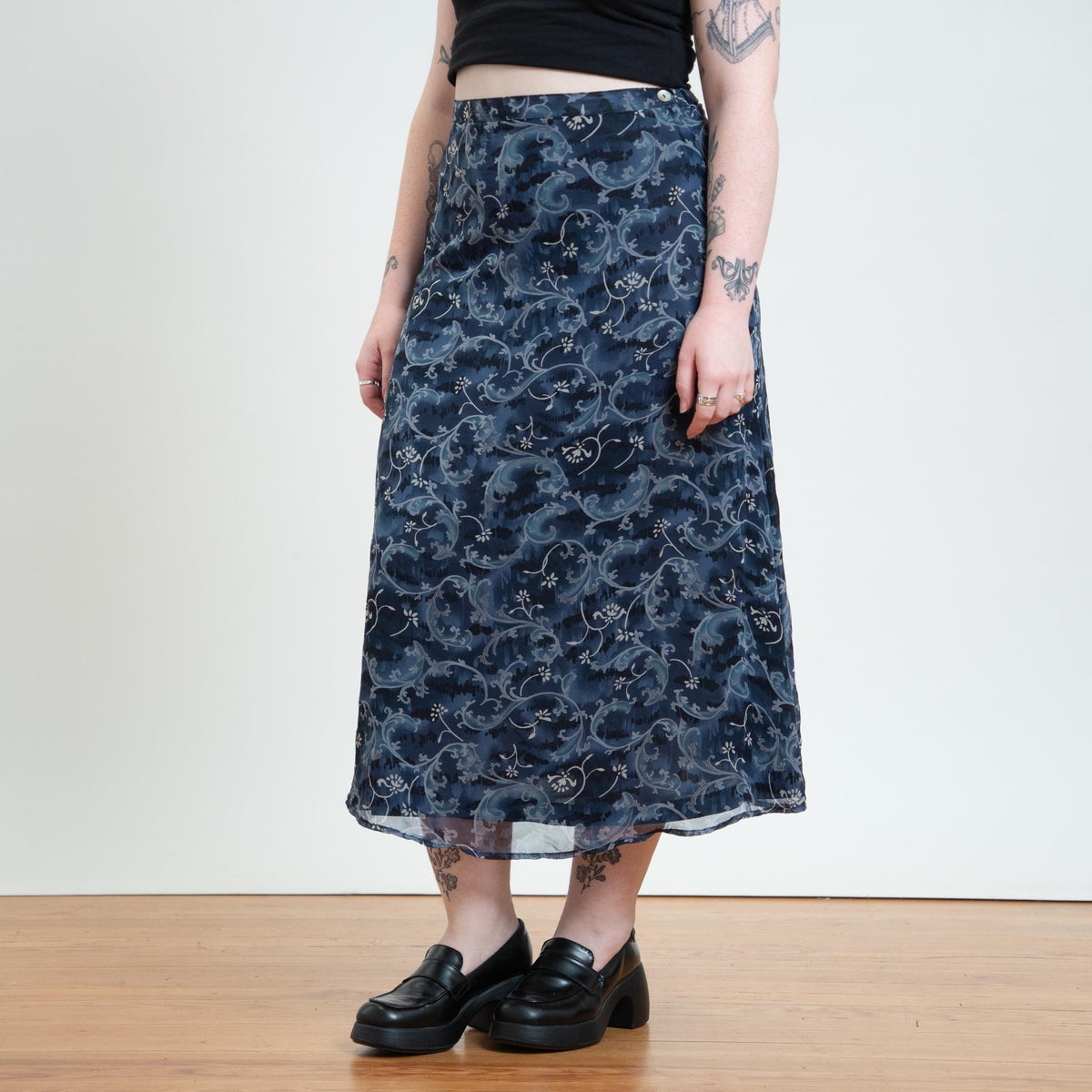 Vintage 90s Blue Floral Vine Print Midi Skirt - Medium to Large | Boho High Waisted A Line Skirt