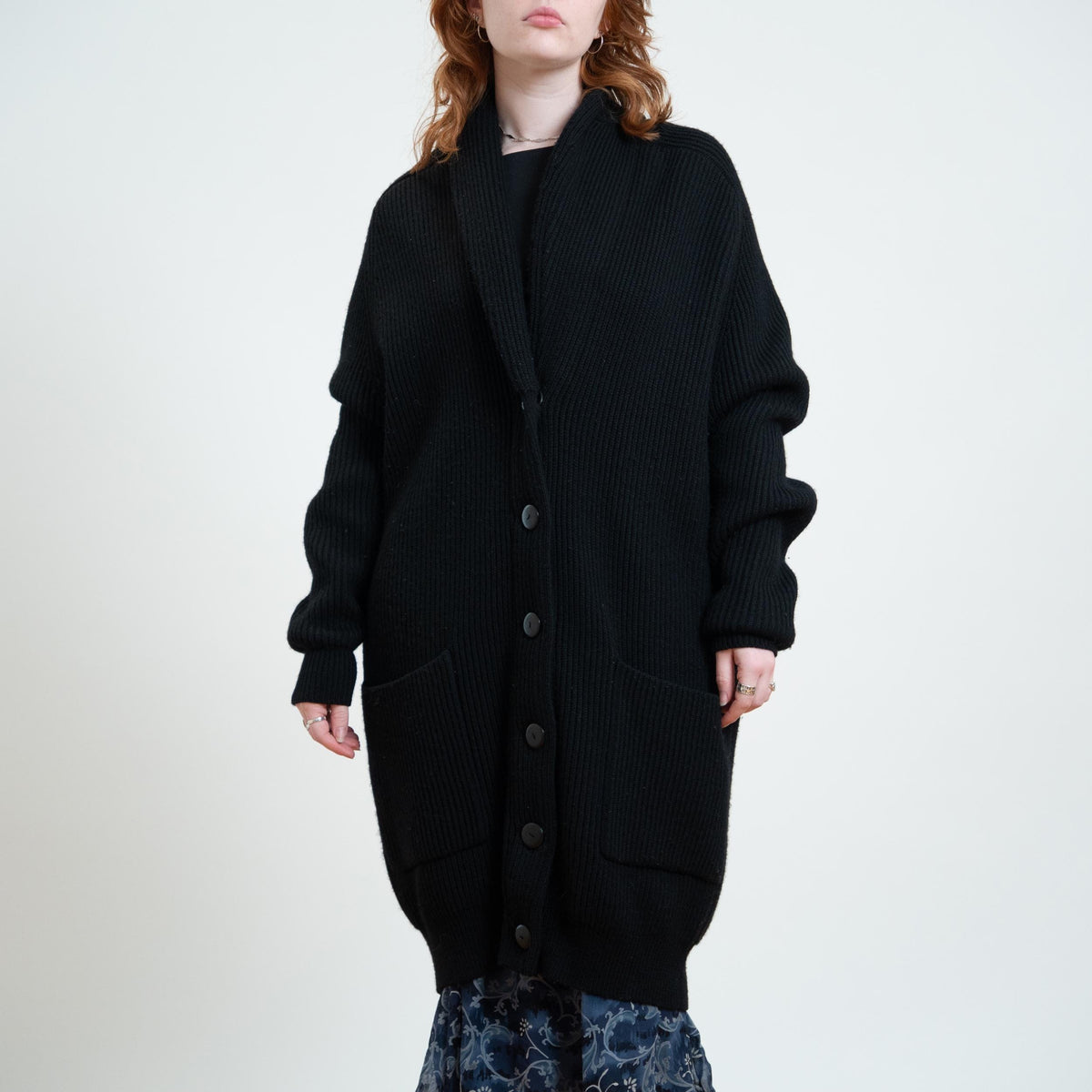 Vintage 90s Black Wool Duster Cardigan - Large | Chunky Knit Longline Shawl Collar Sweater Coat