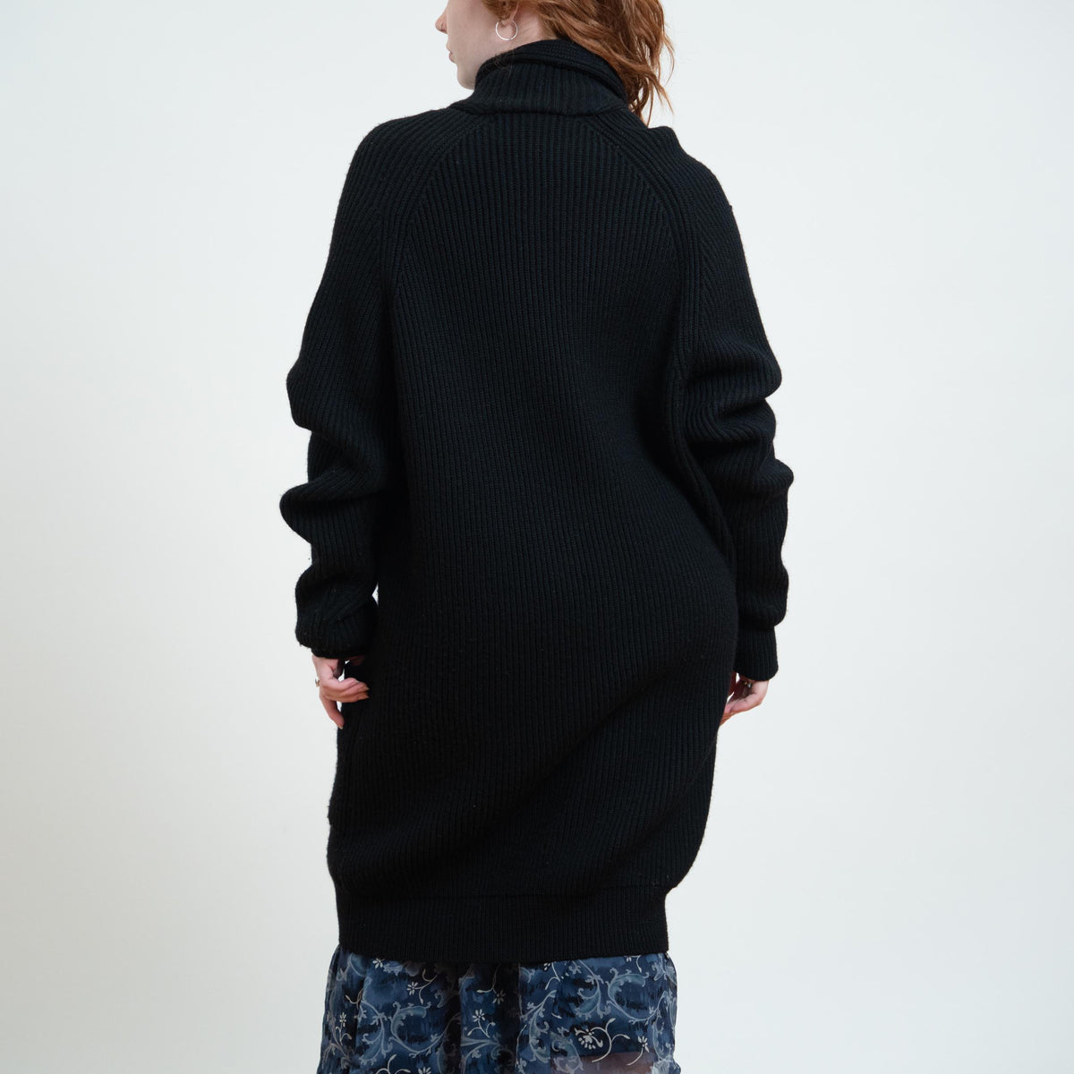 Vintage 90s Black Wool Duster Cardigan - Large | Chunky Knit Longline Shawl Collar Sweater Coat