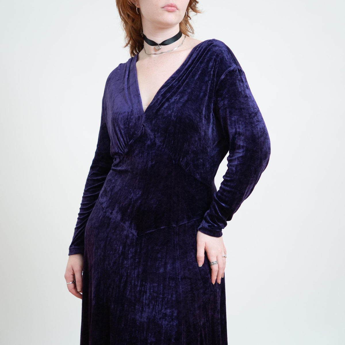 Vintage 90s Does 30s Witchy Royal Purple Crushed Velvet Maxi Dress - Extra Large | V-Neck Long Sleeve Gothic Dress