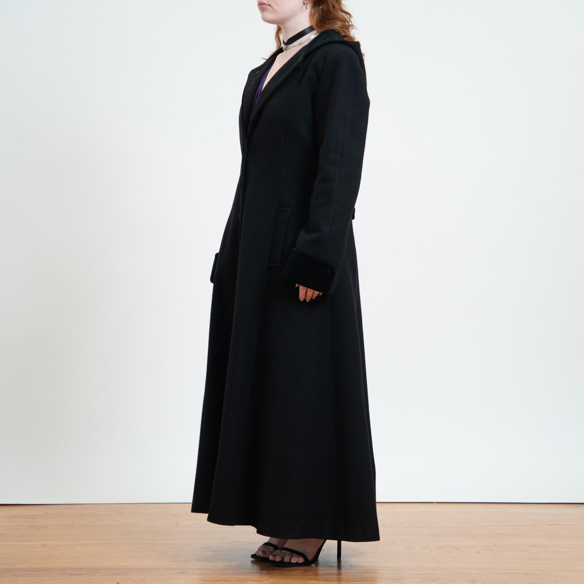 Vintage 90s Black Wool Hooded Maxi Princess Coat - Large Tall | Mario De Pinto Gothic Long Overcoat