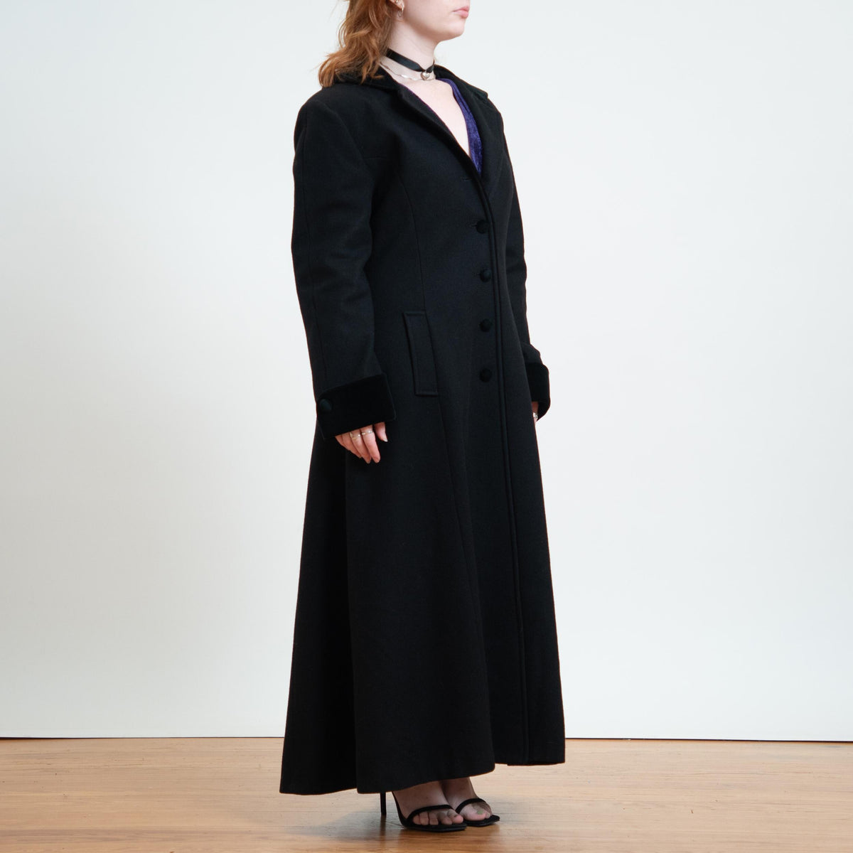 Vintage 90s Black Wool Hooded Maxi Princess Coat - Large Tall | Mario De Pinto Gothic Long Overcoat