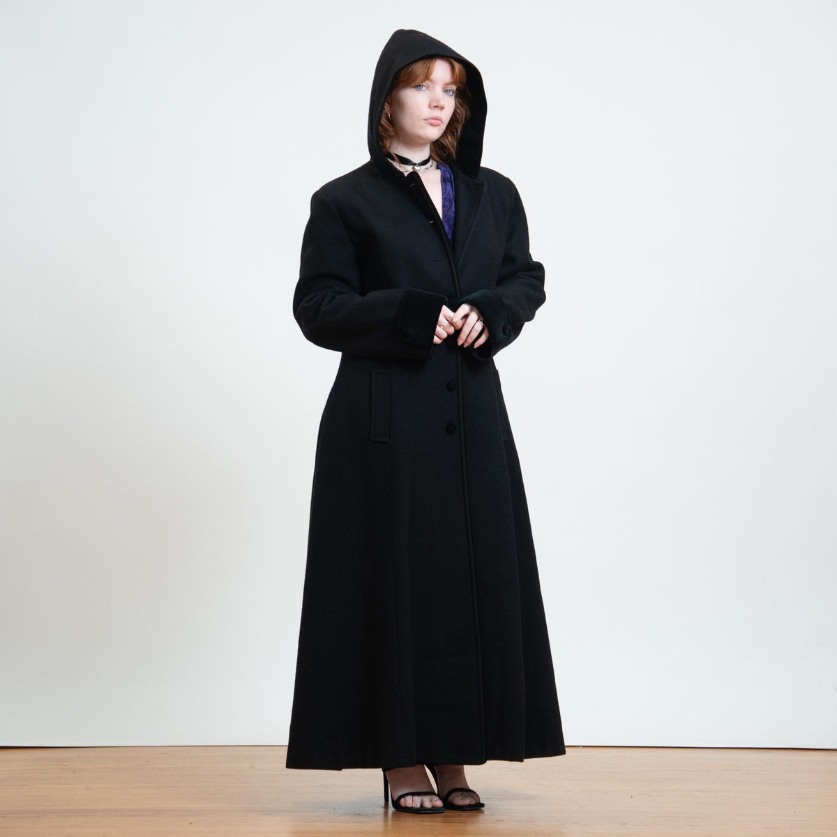 Vintage 90s Black Wool Hooded Maxi Princess Coat - Large Tall | Mario De Pinto Gothic Long Overcoat