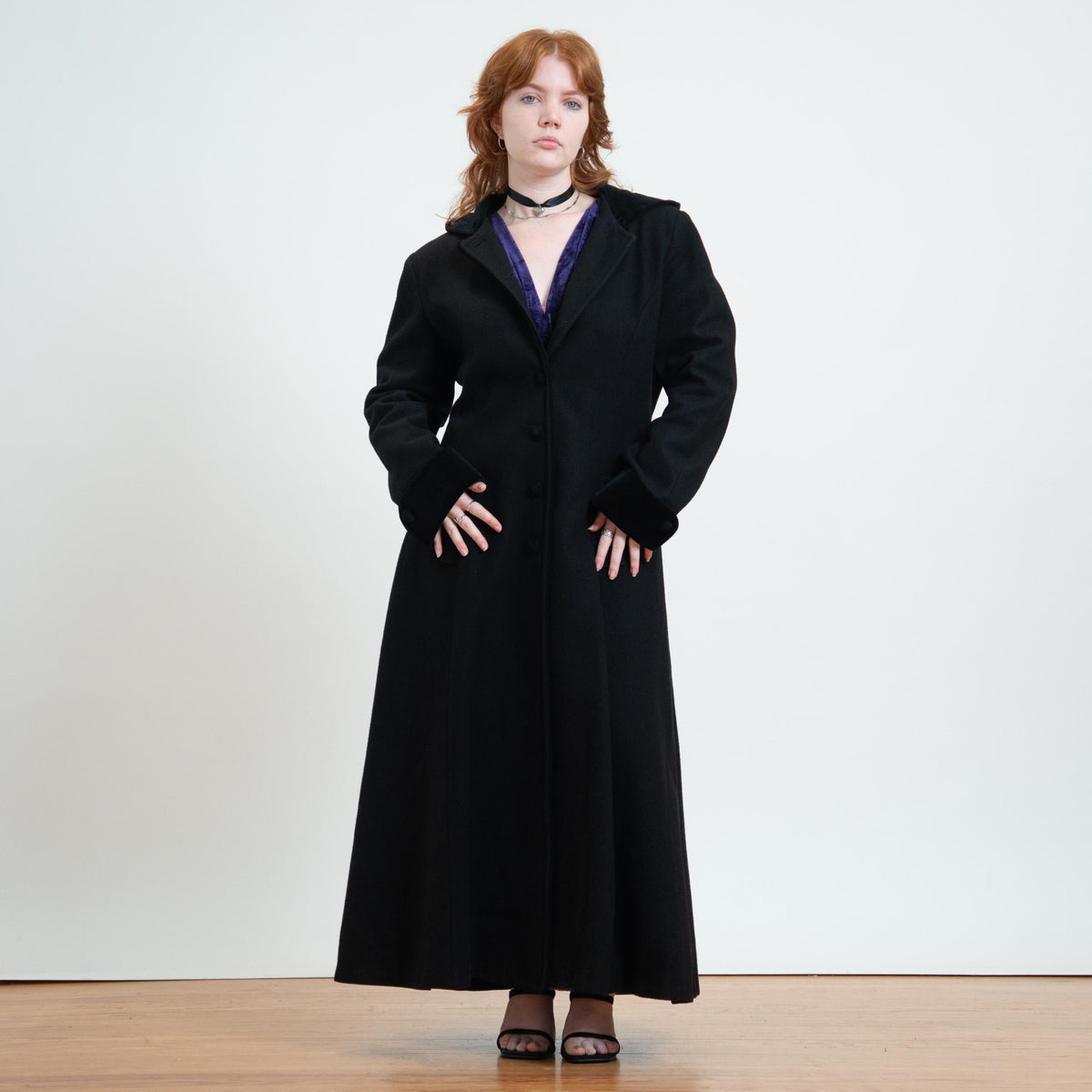 Vintage 90s Black Wool Hooded Maxi Princess Coat - Large Tall | Mario De Pinto Gothic Long Overcoat
