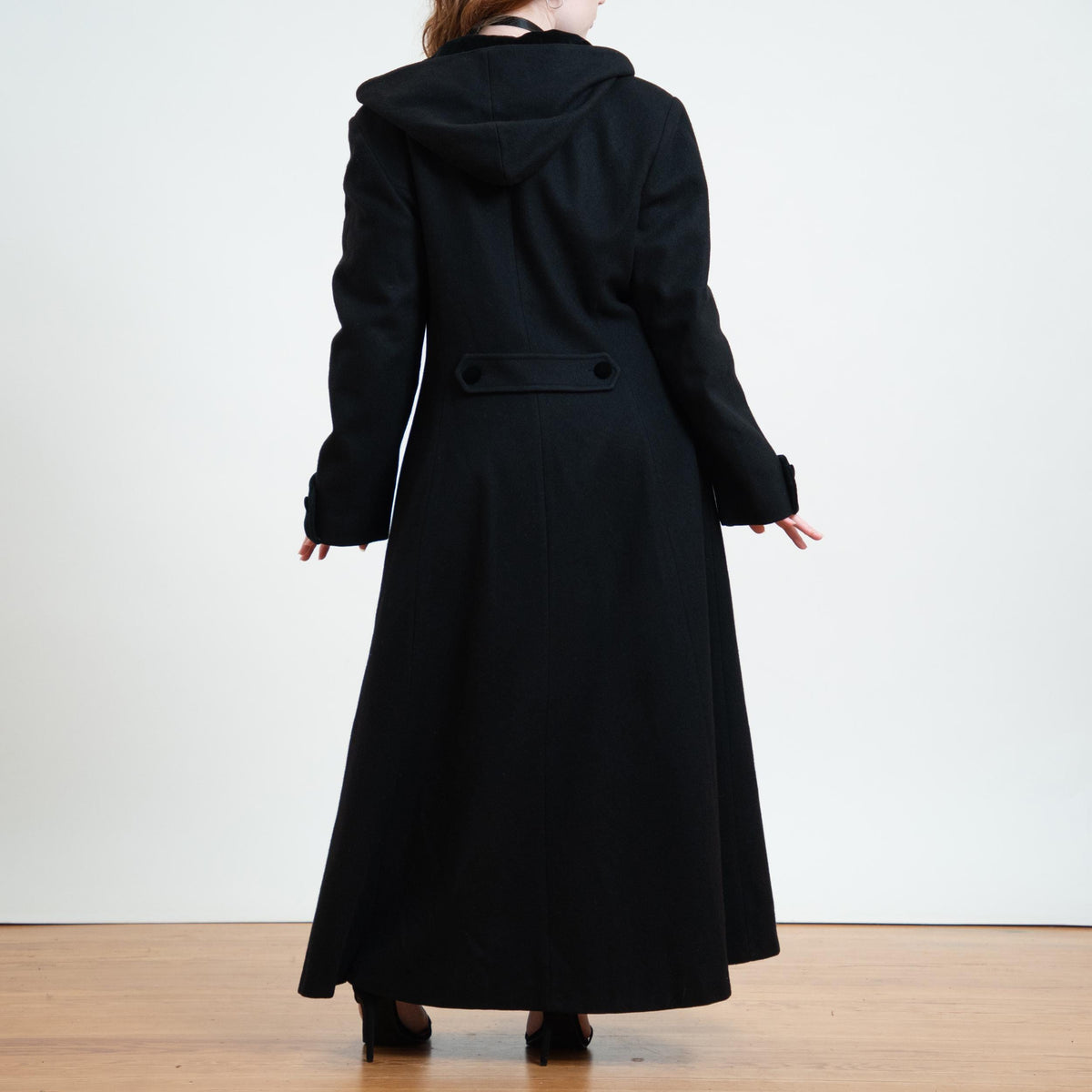 Vintage 90s Black Wool Hooded Maxi Princess Coat - Large Tall | Mario De Pinto Gothic Long Overcoat