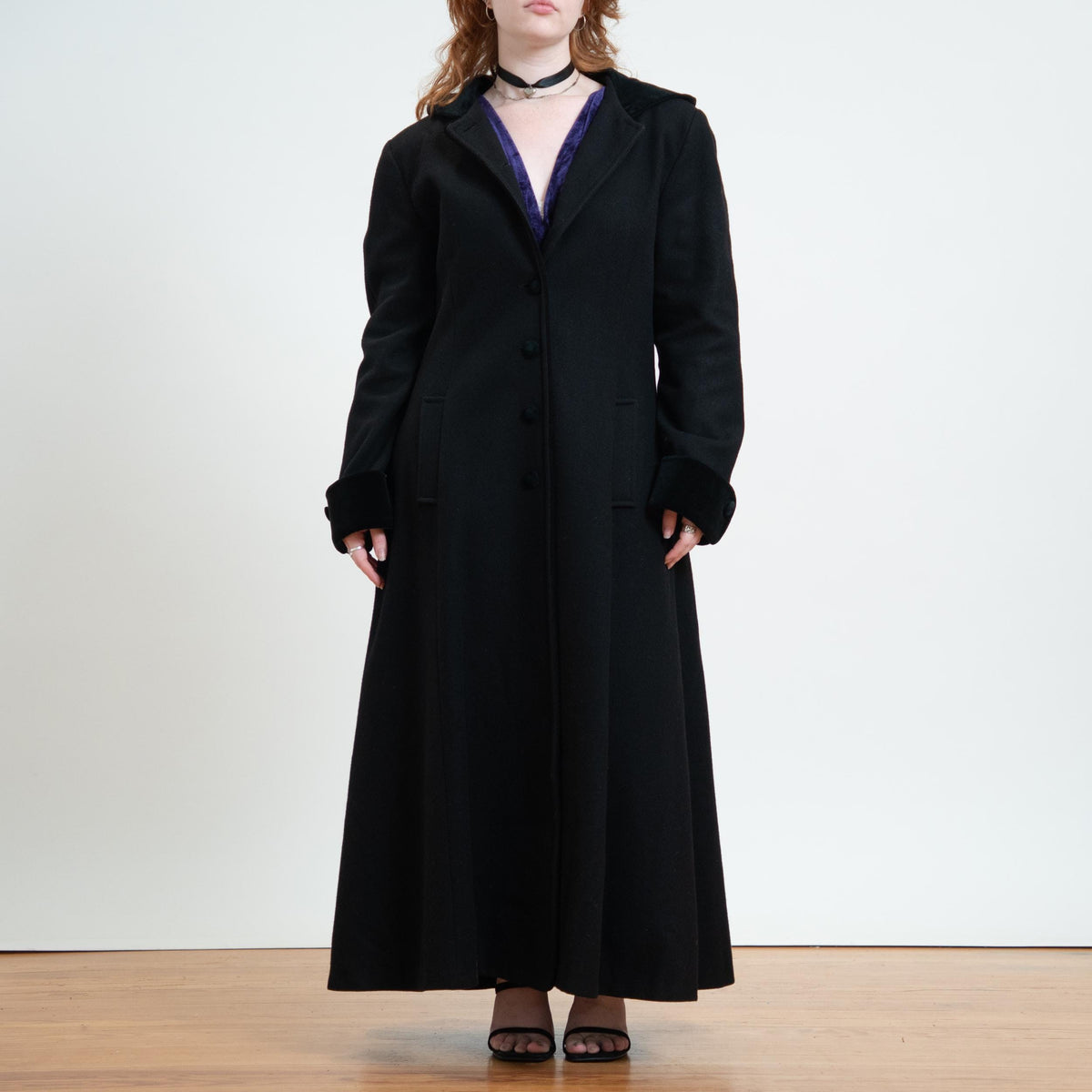 Vintage 90s Black Wool Hooded Maxi Princess Coat - Large Tall | Mario De Pinto Gothic Long Overcoat