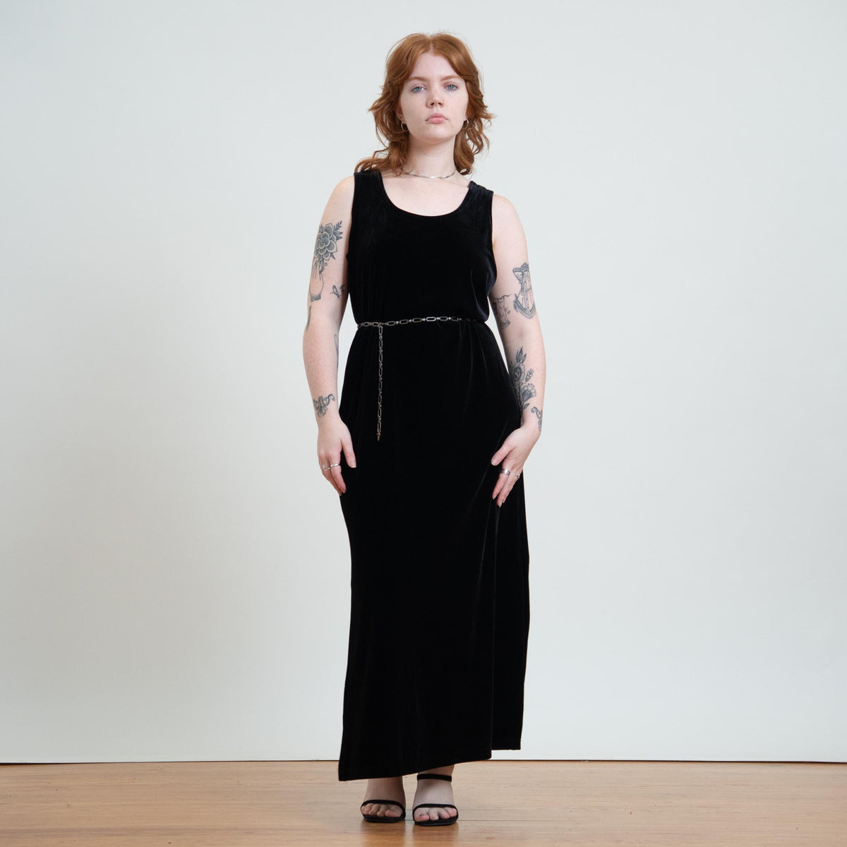 Vintage 90s Black Velvet Maxi Tank Dress - Large | Sleeveless Minimalist Grunge Dress