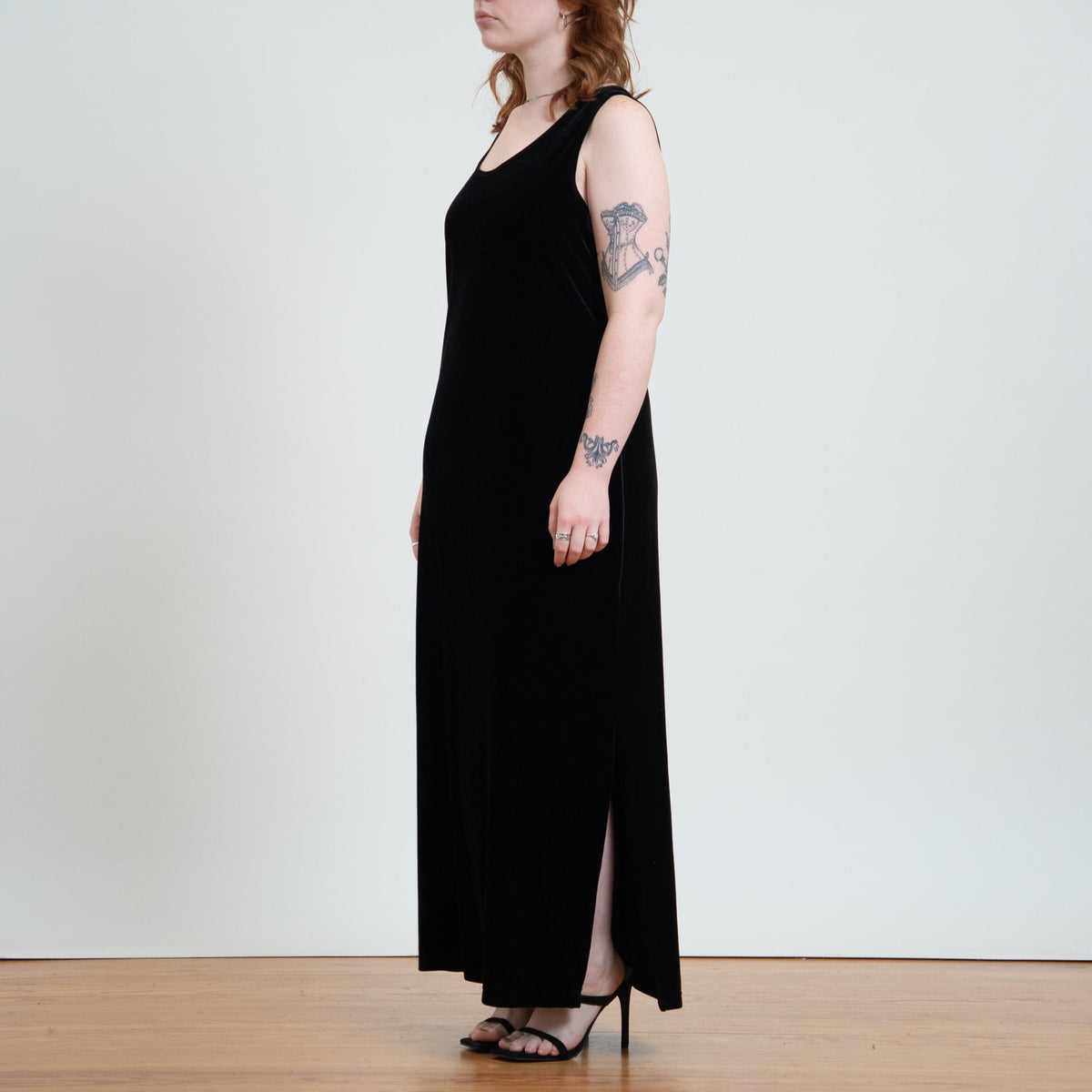 Vintage 90s Black Velvet Maxi Tank Dress - Large | Sleeveless Minimalist Grunge Dress