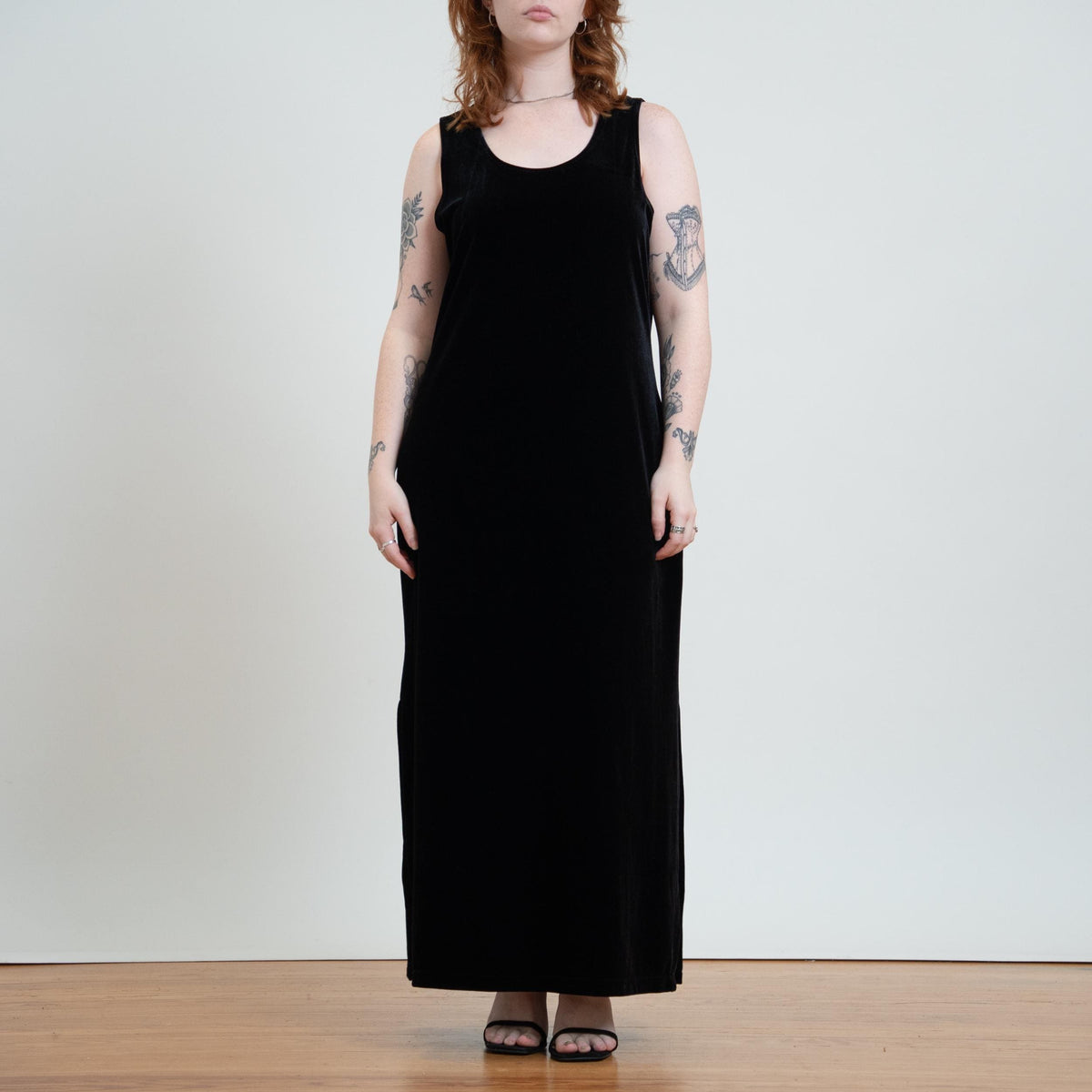 Vintage 90s Black Velvet Maxi Tank Dress - Large | Sleeveless Minimalist Grunge Dress