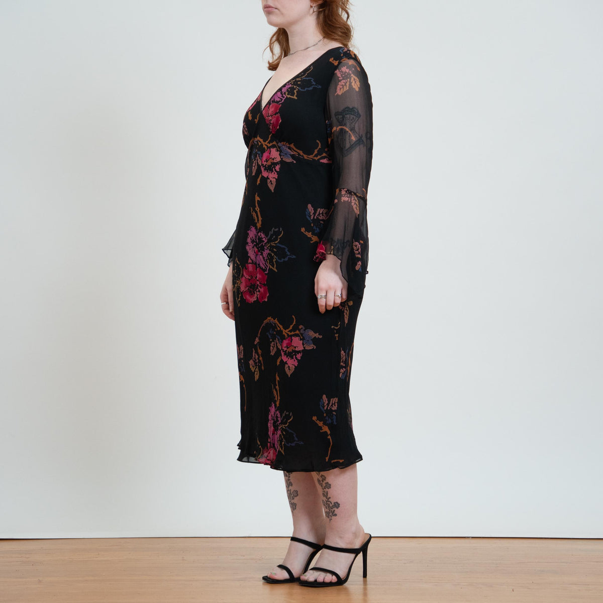 Vintage Y2K Black Floral Silk Angel Sleeve Dress - Large | 2000s Boho Bias Cut Fairy Dress