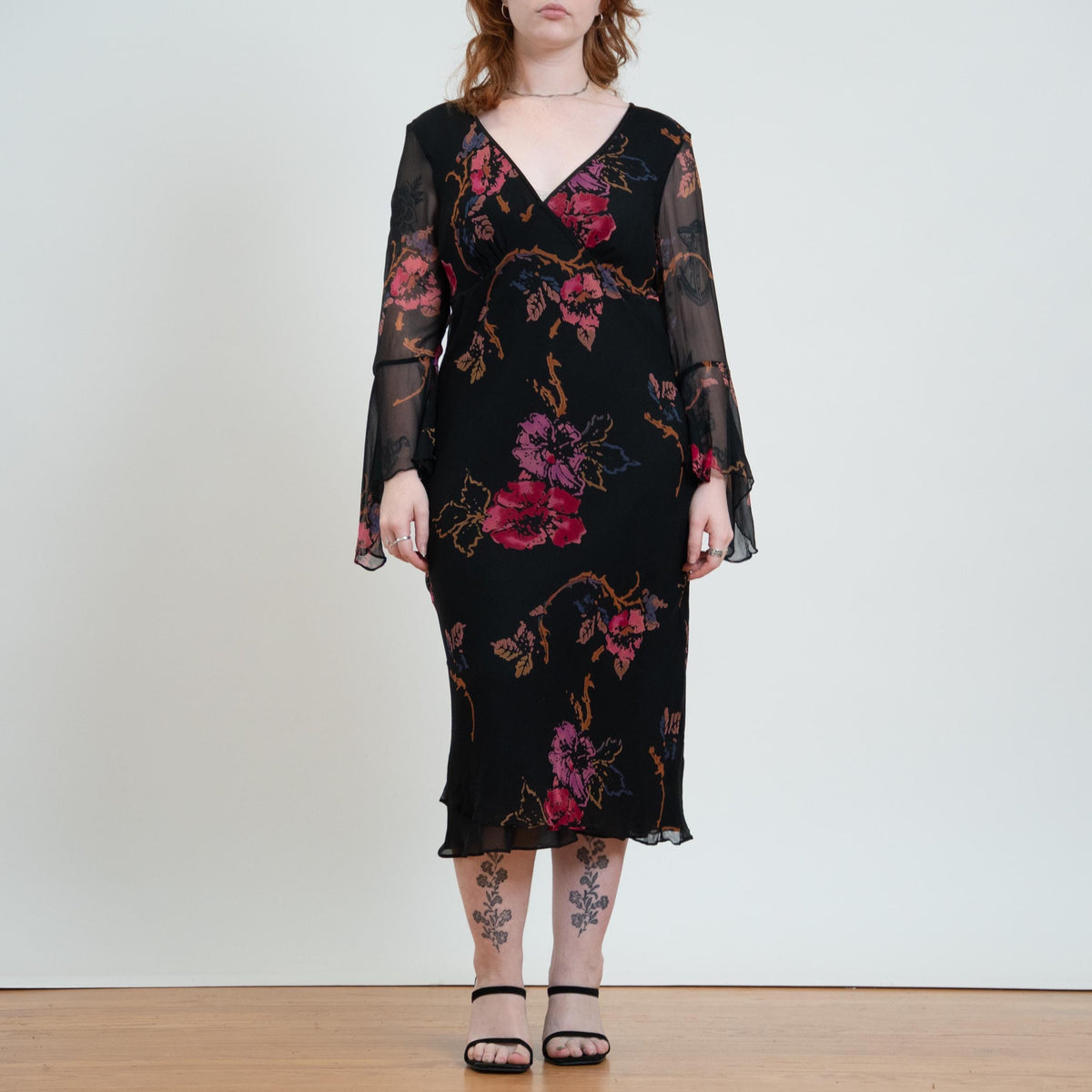 Vintage Y2K Black Floral Silk Angel Sleeve Dress - Large | 2000s Boho Bias Cut Fairy Dress