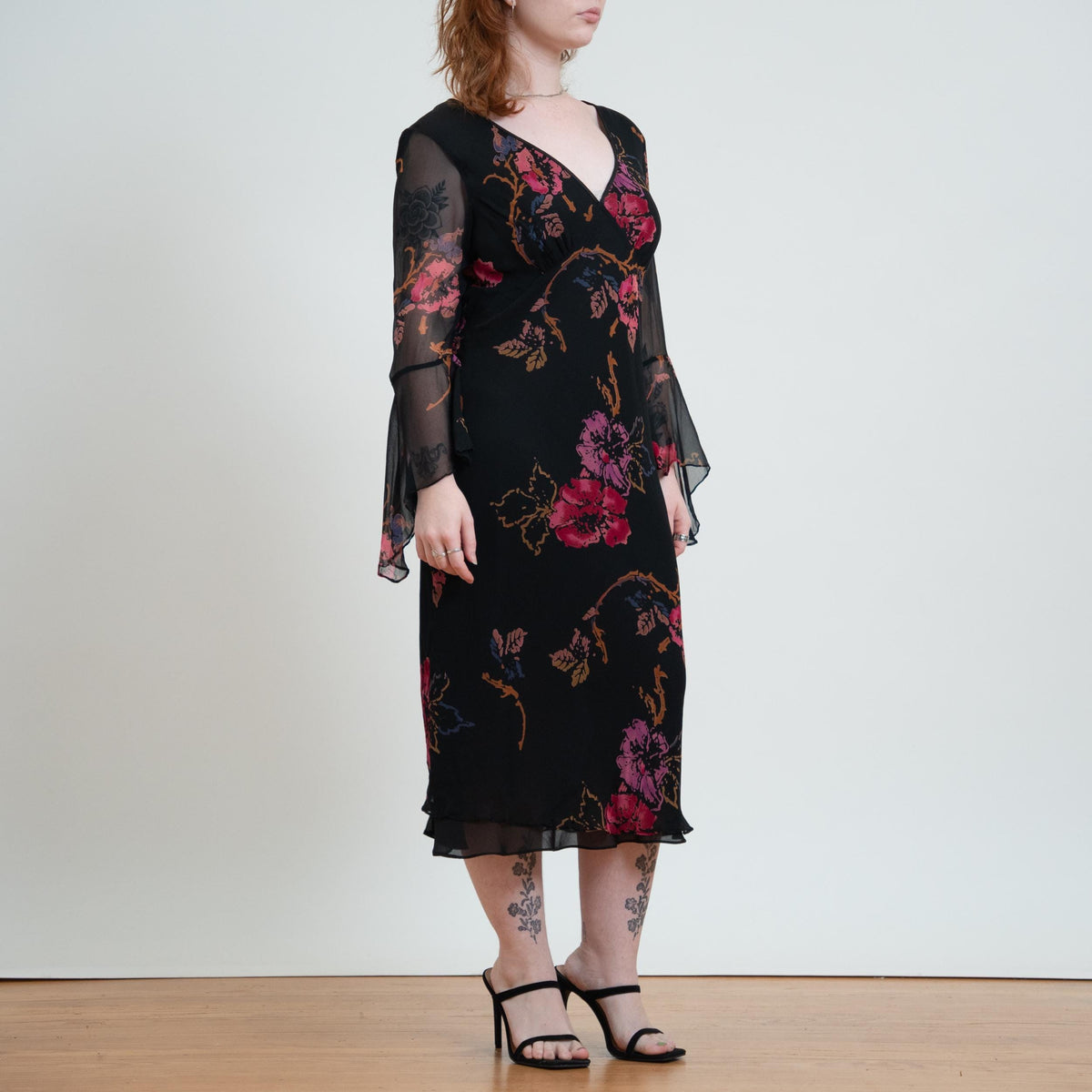 Vintage Y2K Black Floral Silk Angel Sleeve Dress - Large | 2000s Boho Bias Cut Fairy Dress