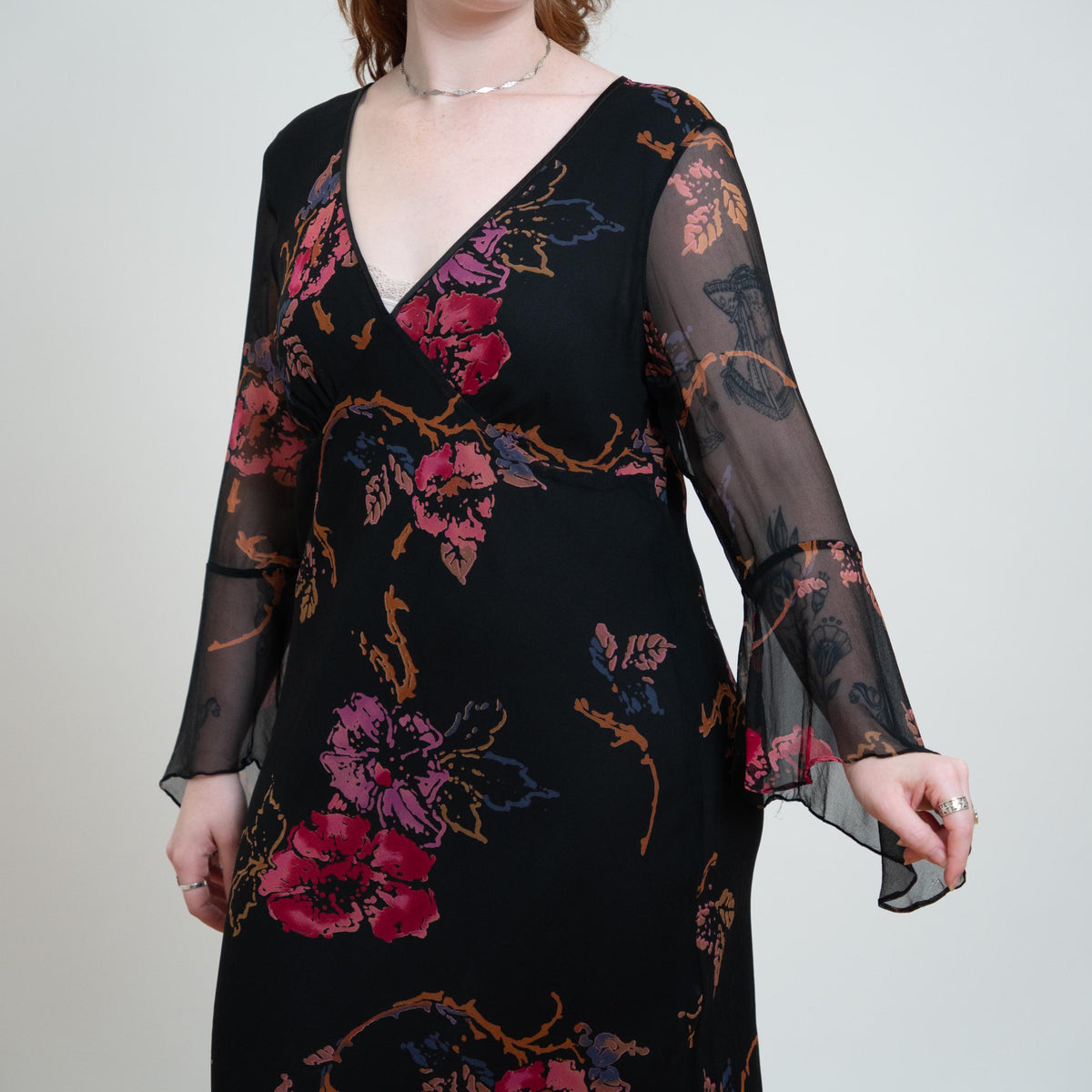 Vintage Y2K Black Floral Silk Angel Sleeve Dress - Large | 2000s Boho Bias Cut Fairy Dress