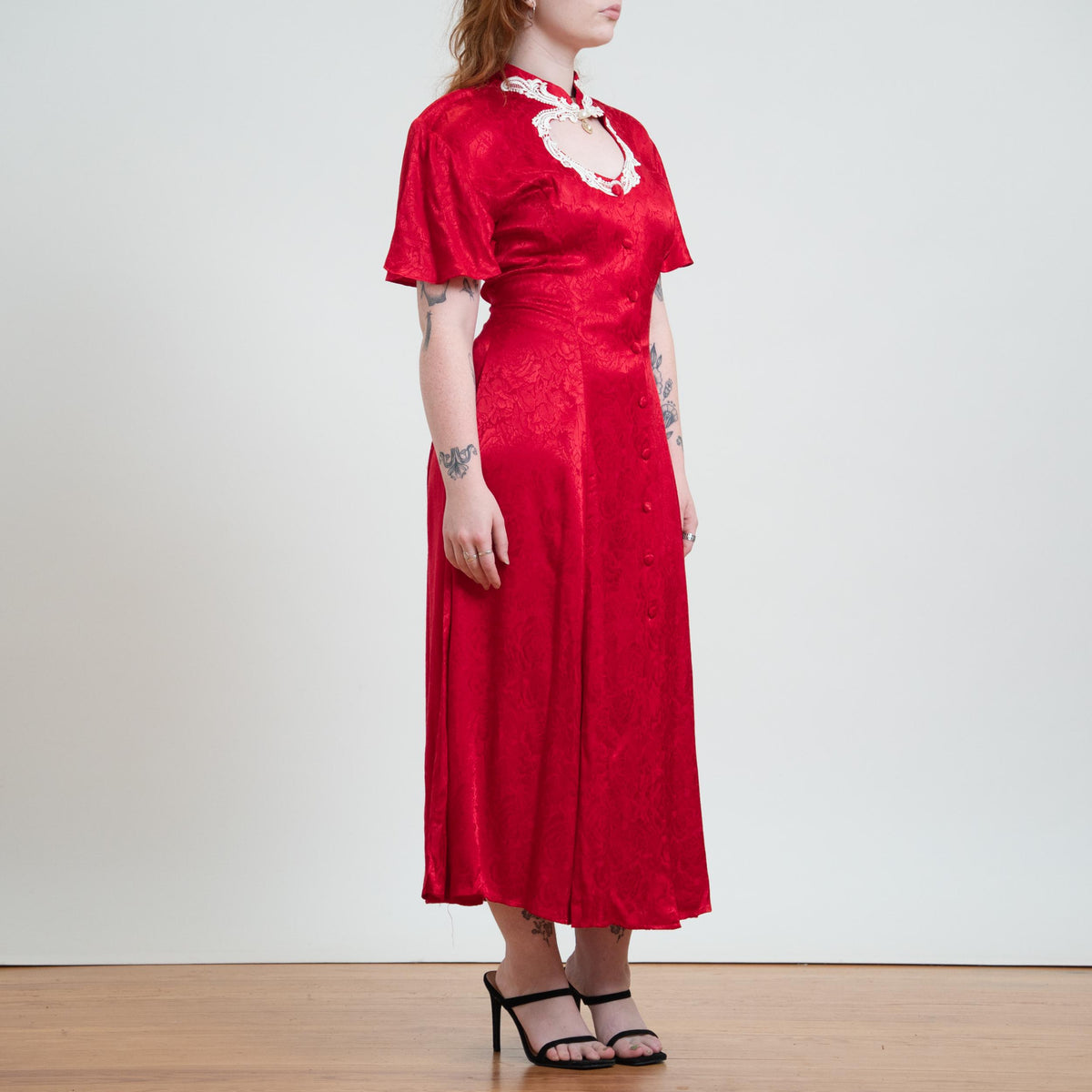 Vintage 90s Does Victorian Red Rose Jacquard Maxi Dress - Medium to Large | Frederick's Of Hollywood Brocade Satin Keyhole Dress